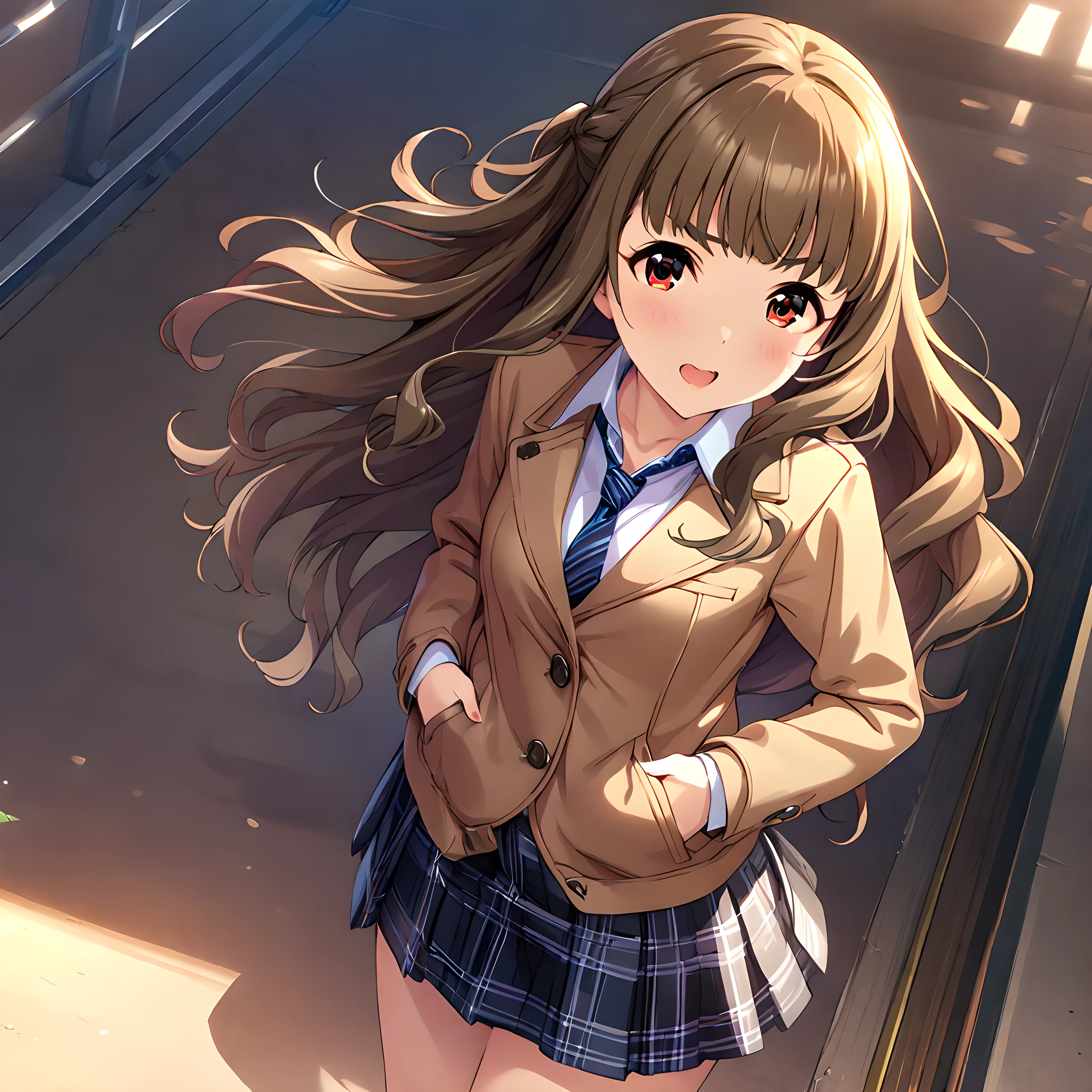 (masterpiece),(best quality),(ultra-detailed),(best illustration),(best shadow),(absurdres),(detailed background),(very aesthetic),nao kamiya, 1girl, solo, long hair, brown hair, red eyes, necktie, skirt, hands in pockets, , open mouth