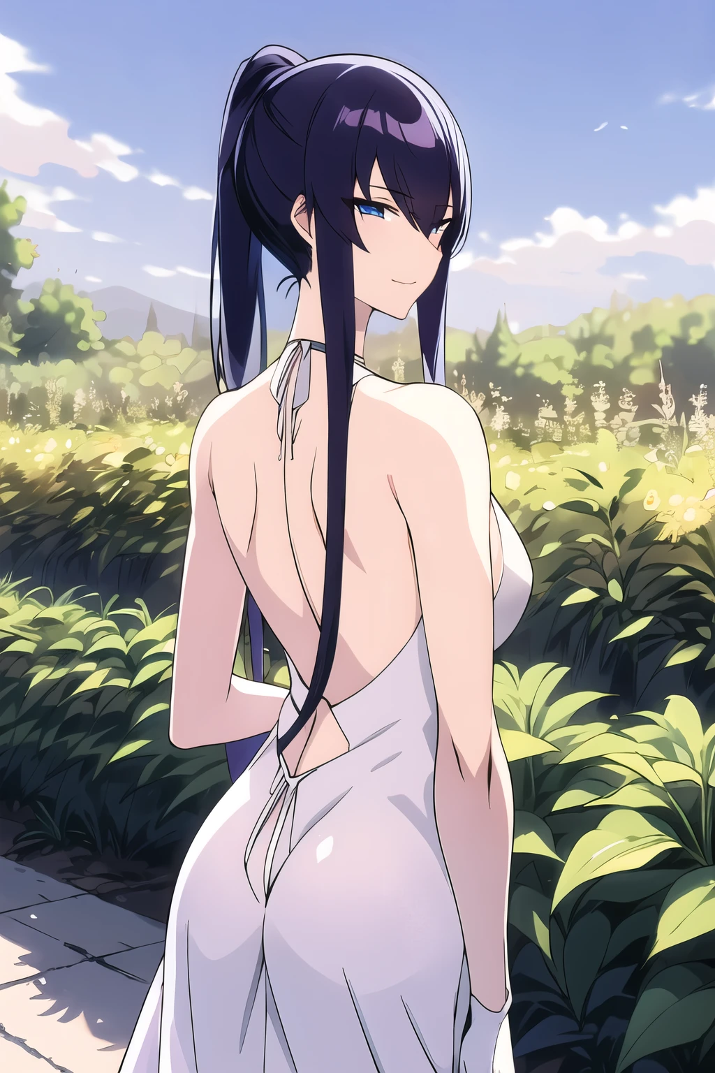 masterpiece, best quality, highres, aakogetsu, long hair, hair ponytail, hair ribbon, wedding dress, white gloves, white dress, garden, standing,
