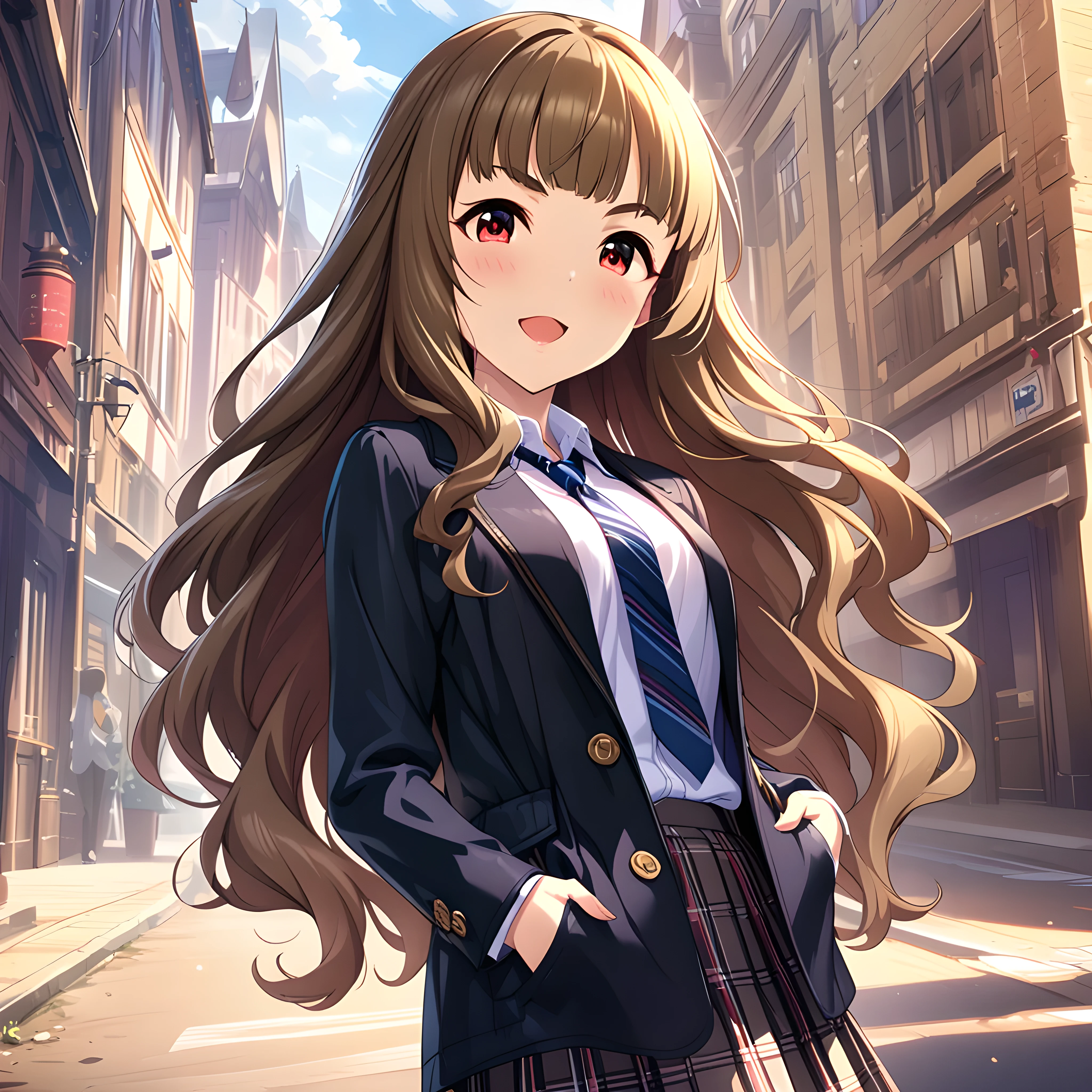 (masterpiece),(best quality),(ultra-detailed),(best illustration),(best shadow),(absurdres),(detailed background),(very aesthetic),nao kamiya, 1girl, solo, long hair, brown hair, red eyes, necktie, skirt, hands in pockets, , open mouth