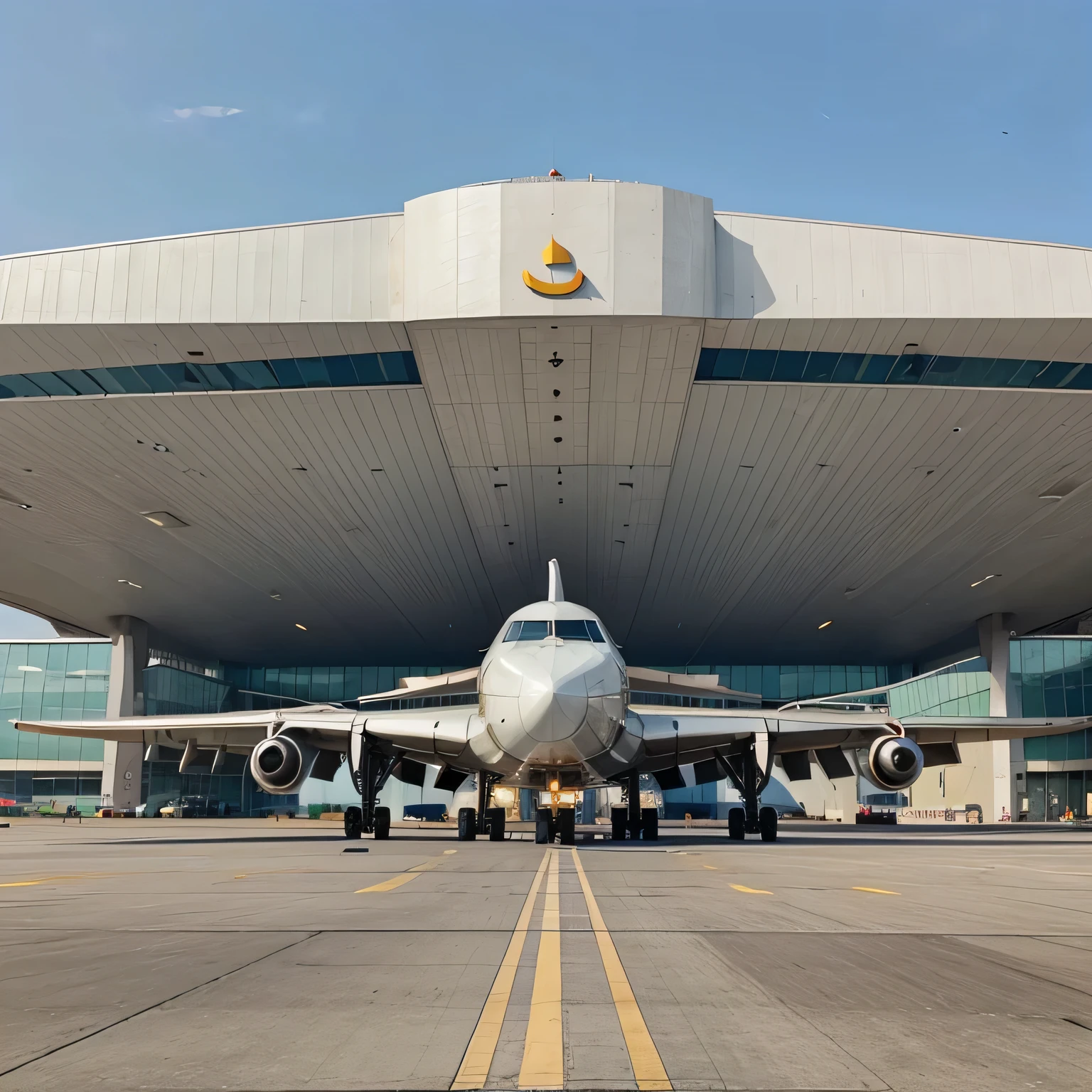 Create a picture of a airport front with name of Allah abad international air port. And show one flight upload pessengers