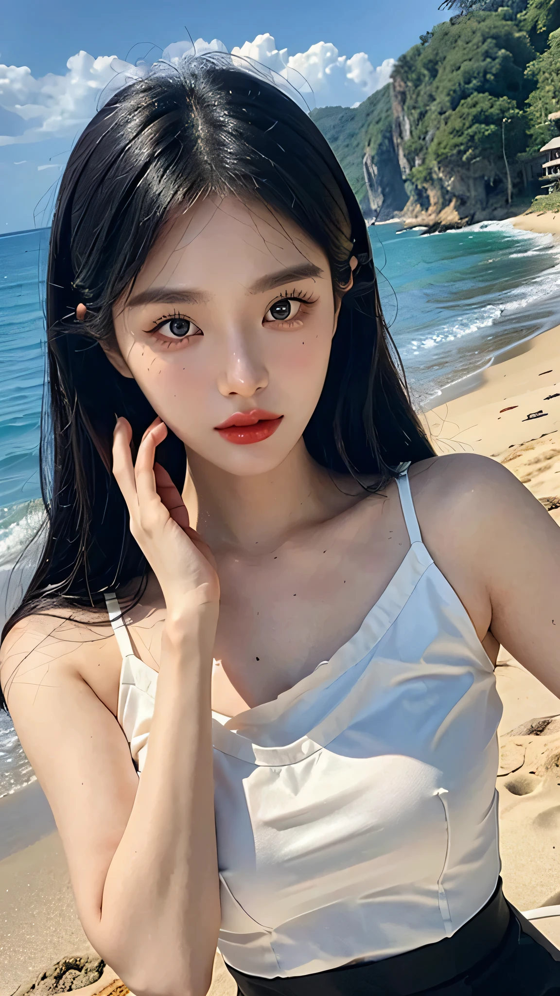 A perfect young female white-collar worker,Chinese,High picture quality,Works of masters,Black hair,Long hair flowing over the shoulders,in the beach, sea, Beach wave hairstyle,cropped shoulders,clavicle,exquisite face,Hydrated red lips,Real Human,CG rendering,16k,Stand up,Do not show your hands,Close-up shot