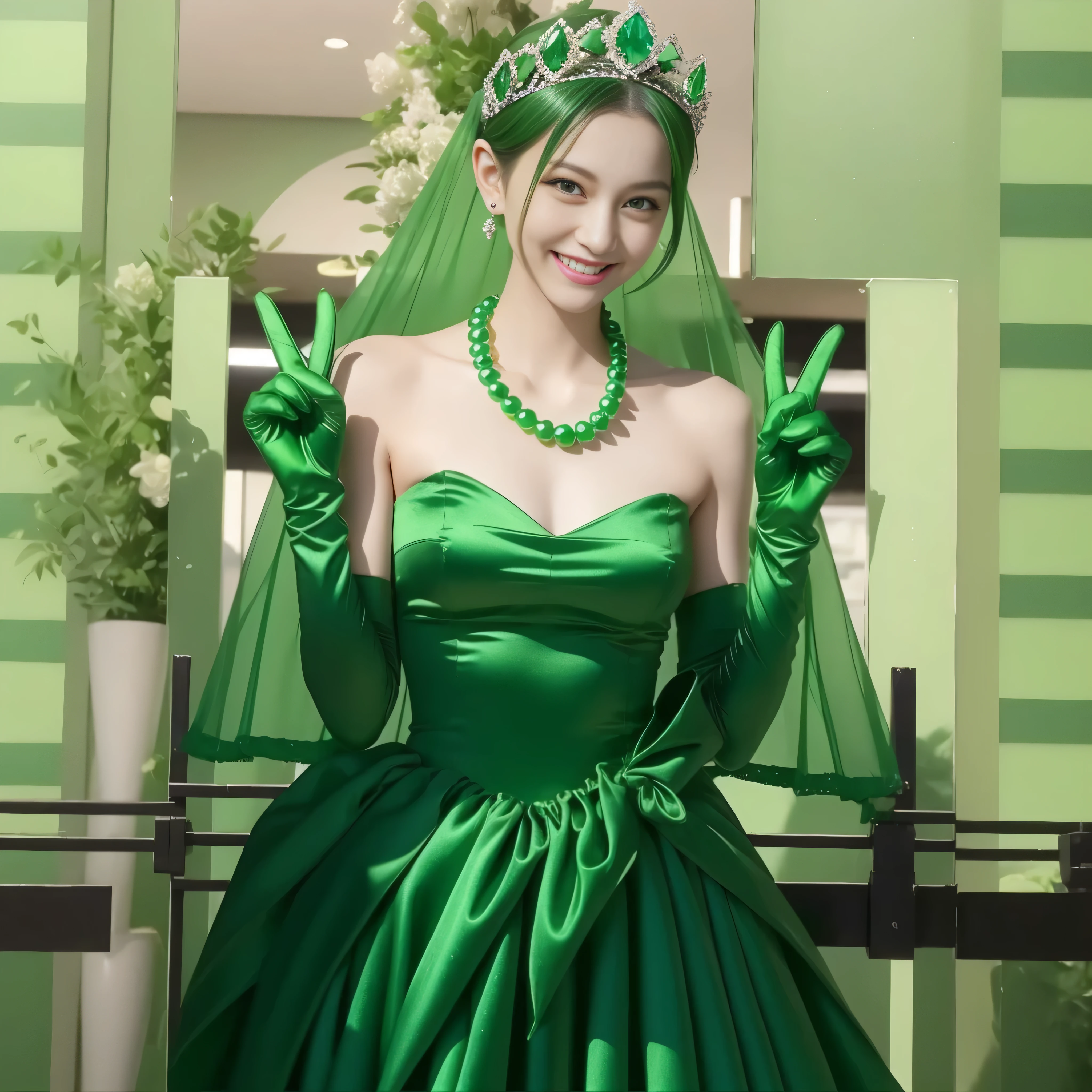 Emerald tiara, Green Pearl Necklace, Boyish very short green hair, lipstick, Smiling Japanese woman, Very short hair, Big and beautiful, Green Eyes, Long green satin gloves, Green Eyes, v sign, Emerald Earrings, Green veil
