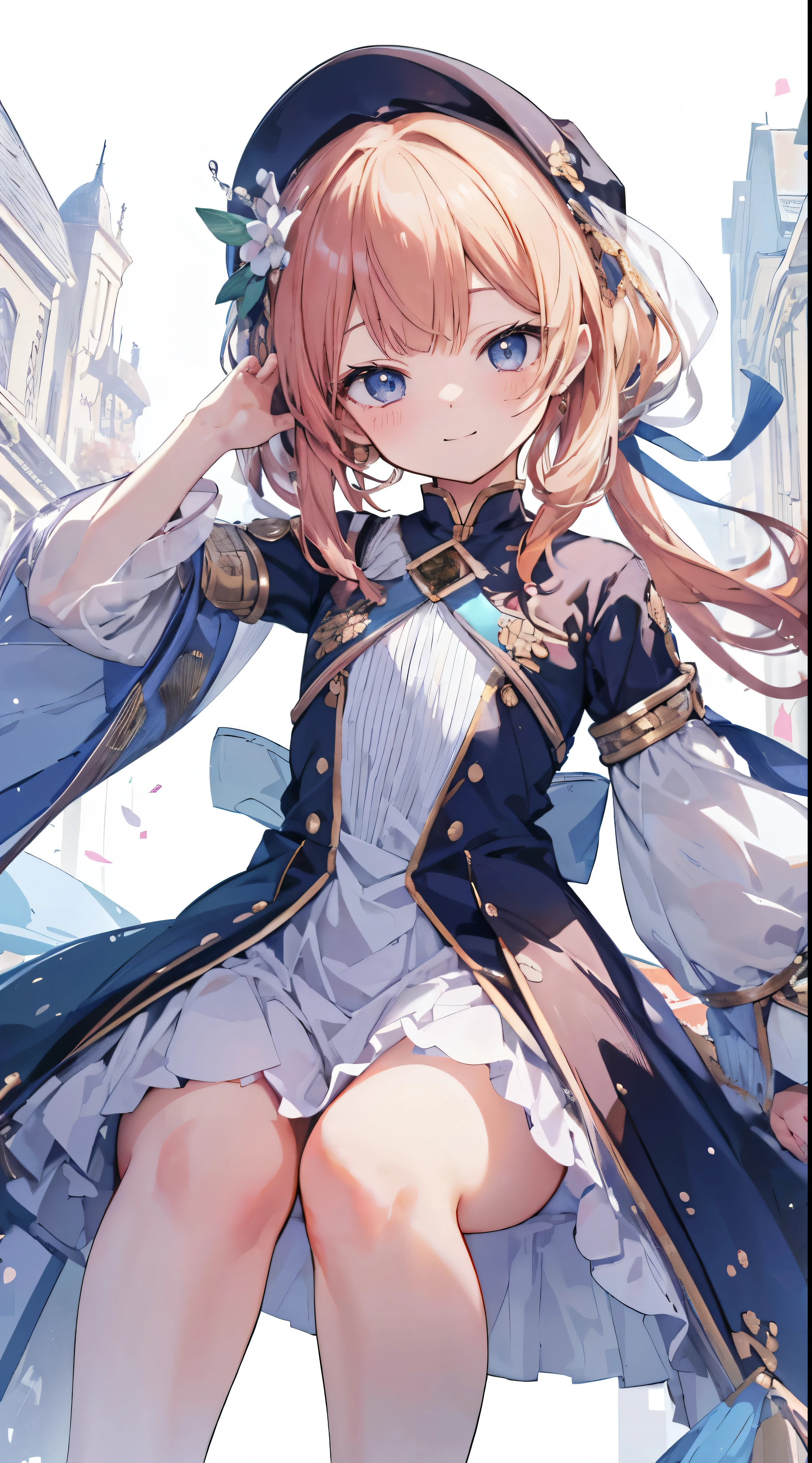 Masterpiece、Highest quality、highest quality、((((Petite))))、(smile)、Shiny hair quality、Small face、Dynamic pose、Super detailed, beautiful, wide eyes、Ultra-detailed, clear and beautiful faces、(cute illustration:1.2), High-resolution, ultra-detailed, best quality, embarrassed、Thighs