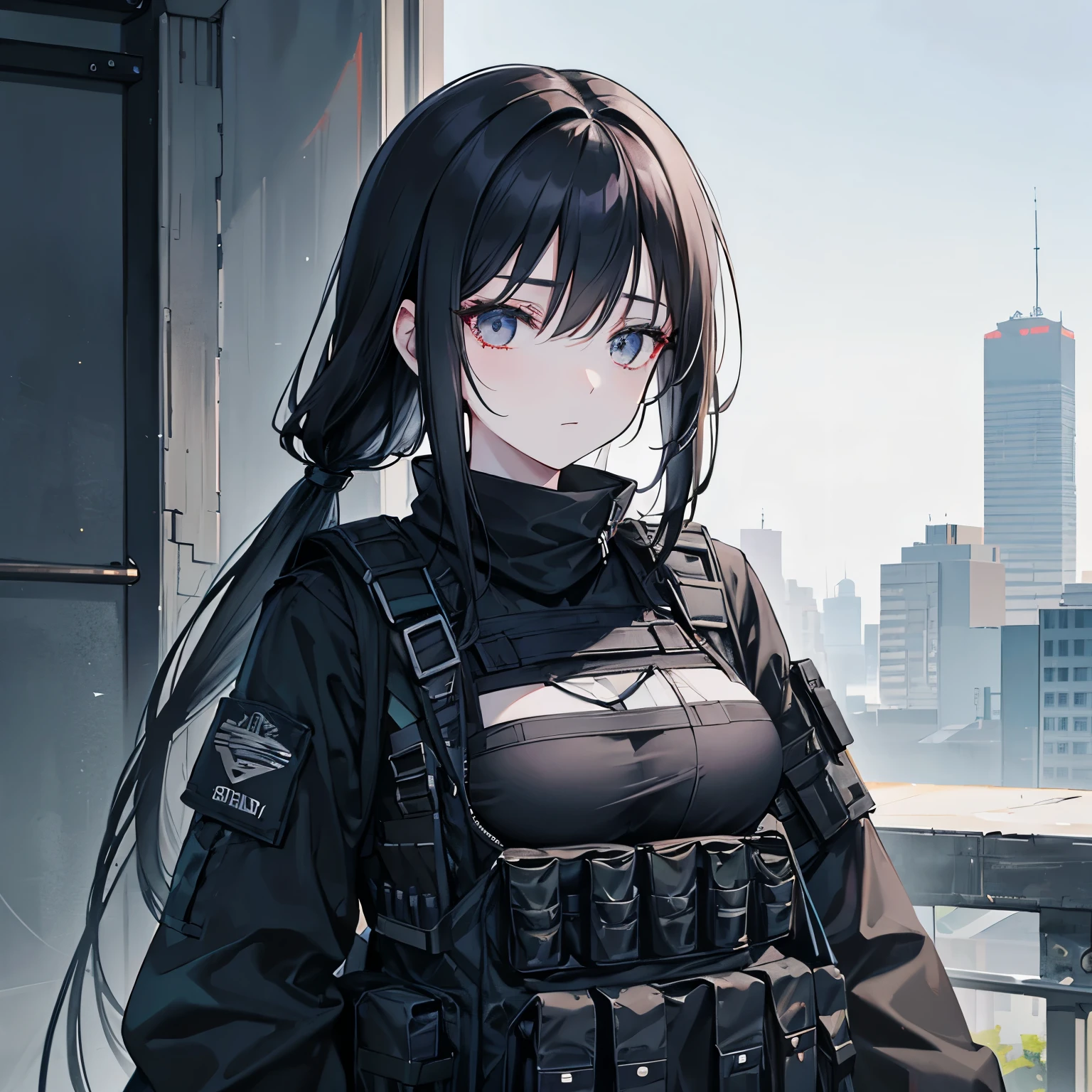 A pale 5'8 women with long messy unkept long black hair that drapes over both her eyes+ wearing tactical gear+tactical vest+looks sleep deprived 