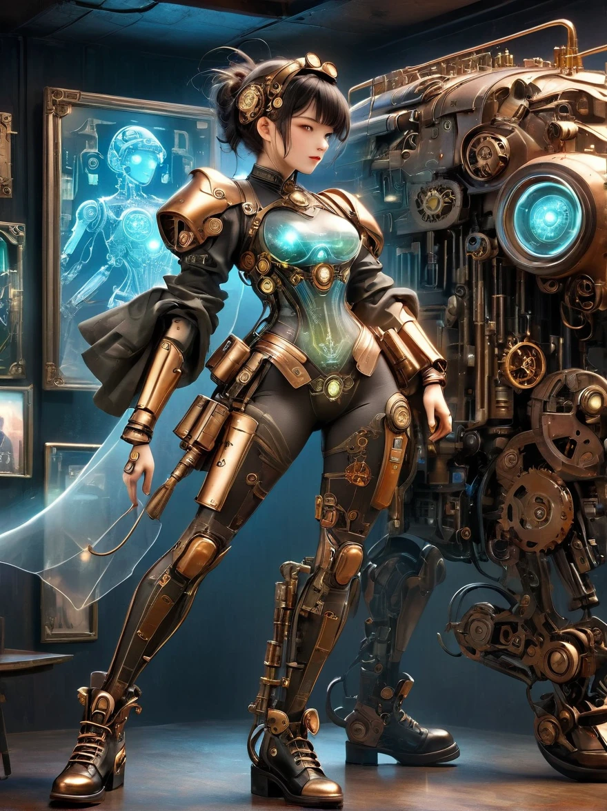 Beautiful female mecha，The transparent and translucent  of the mecha，Iridescent neon color wiring diagram and LEDs all over face and body，Photo frames and backgrounds mixed and fused with steampunk，Dieselpunk and clockpunk，Background Analysis Room，(Full body shot)，(Mechanical shoes:1.5)，(Black Laser)，best quality，Super Fine，8k，Unbelievably ridiculous，Extremely detailed，Delicate and dynamic