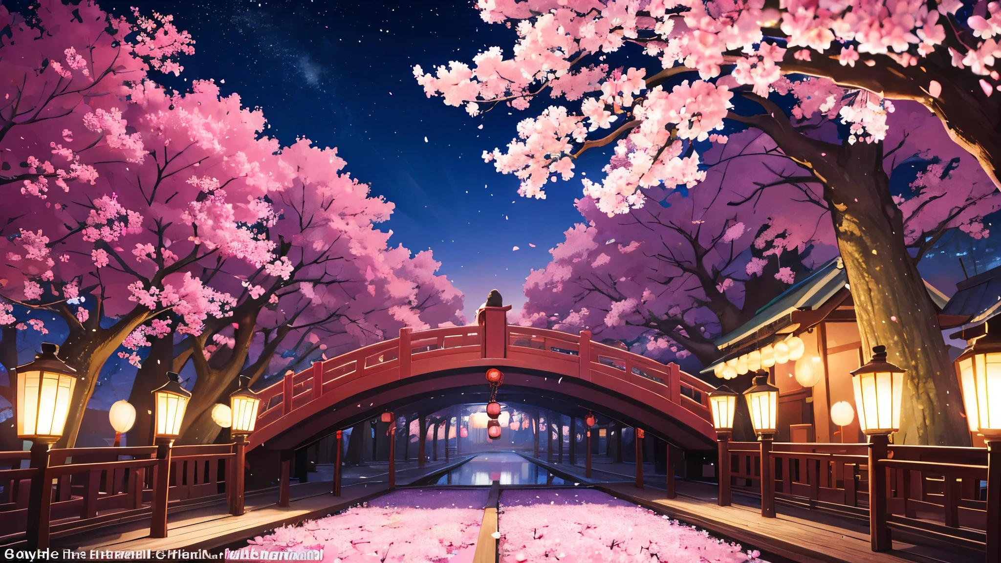 Imagine a vibrant scene of a Sakura (cherry blossom) festival in Japan, set against a backdrop of colorful night lights, exuding a joyful and celebratory atmosphere.

Visualize a serene park or garden adorned with numerous Sakura trees, their branches adorned with delicate pink blossoms swaying gently in the evening breeze. The trees are beautifully illuminated by soft, glowing lanterns hung amidst the branches, casting a warm and enchanting glow over the surroundings.

The air is filled with laughter and excitement as people gather under the cherry blossoms. Picture families and friends strolling along lantern-lit pathways, admiring the blossoms and taking photographs beneath the trees. Children run around with sparklers, their faces illuminated by the soft, warm light.

In the background, imagine traditional Japanese music playing softly, adding to the festive ambiance. Perhaps there are small food stalls offering delicious street food like takoyaki (octopus balls) and yakitori (grilled chicken skewers), filling the air with mouthwatering aromas.

The night sky above is clear, dotted with twinkling stars, complementing the gentle glow of the lanterns and creating a magical atmosphere. Lanterns in various colors – pink, red, and white – hang from the trees and line the pathways, creating a picturesque and joyful scene.

The overall mood is one of happiness and delight, capturing the essence of a traditional Sakura festival in Japan. It's a moment of shared joy and appreciation for nature's beauty, set against the backdrop of a tranquil spring evening illuminated by the soft radiance of lanterns and the ephemeral beauty of cherry blossoms.