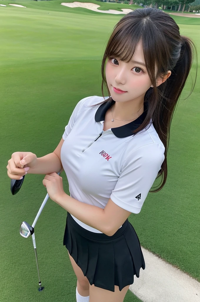 best quality, 8k, highly detailed face and skin texture, high resolution, big tits cute long hair japanese girl in tight golf wear and tight golf mini skirt at golf field, full body, sharp focus