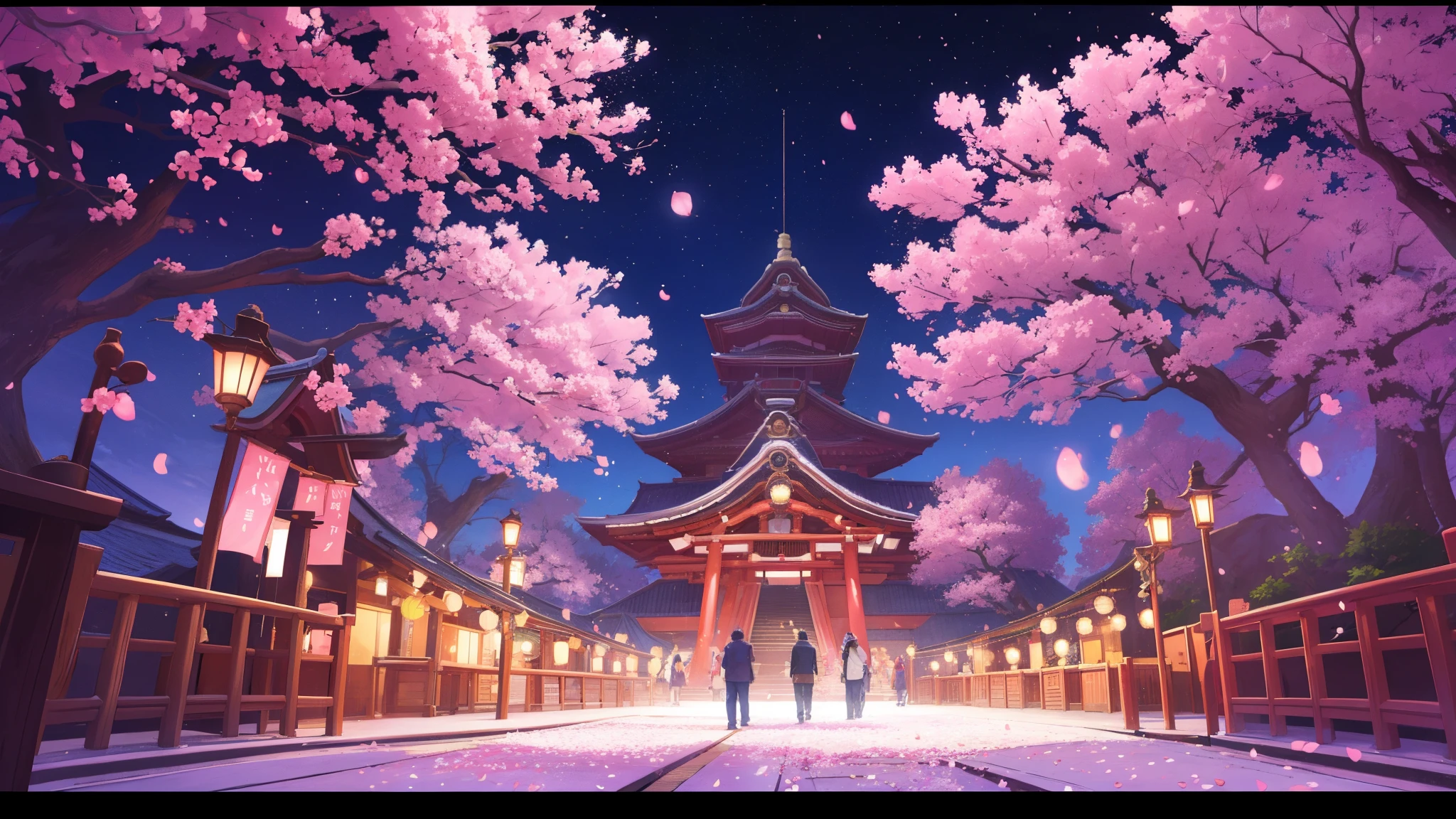 Imagine a vibrant scene of a Sakura (cherry blossom) festival in Japan, set against a backdrop of colorful night lights, exuding a joyful and celebratory atmosphere.

Visualize a serene park or garden adorned with numerous Sakura trees, their branches adorned with delicate pink blossoms swaying gently in the evening breeze. The trees are beautifully illuminated by soft, glowing lanterns hung amidst the branches, casting a warm and enchanting glow over the surroundings.

The air is filled with laughter and excitement as people gather under the cherry blossoms. Picture families and friends strolling along lantern-lit pathways, admiring the blossoms and taking photographs beneath the trees. Children run around with sparklers, their faces illuminated by the soft, warm light.

In the background, imagine traditional Japanese music playing softly, adding to the festive ambiance. Perhaps there are small food stalls offering delicious street food like takoyaki (octopus balls) and yakitori (grilled chicken skewers), filling the air with mouthwatering aromas.

The night sky above is clear, dotted with twinkling stars, complementing the gentle glow of the lanterns and creating a magical atmosphere. Lanterns in various colors – pink, red, and white – hang from the trees and line the pathways, creating a picturesque and joyful scene.

The overall mood is one of happiness and delight, capturing the essence of a traditional Sakura festival in Japan. It's a moment of shared joy and appreciation for nature's beauty, set against the backdrop of a tranquil spring evening illuminated by the soft radiance of lanterns and the ephemeral beauty of cherry blossoms.
