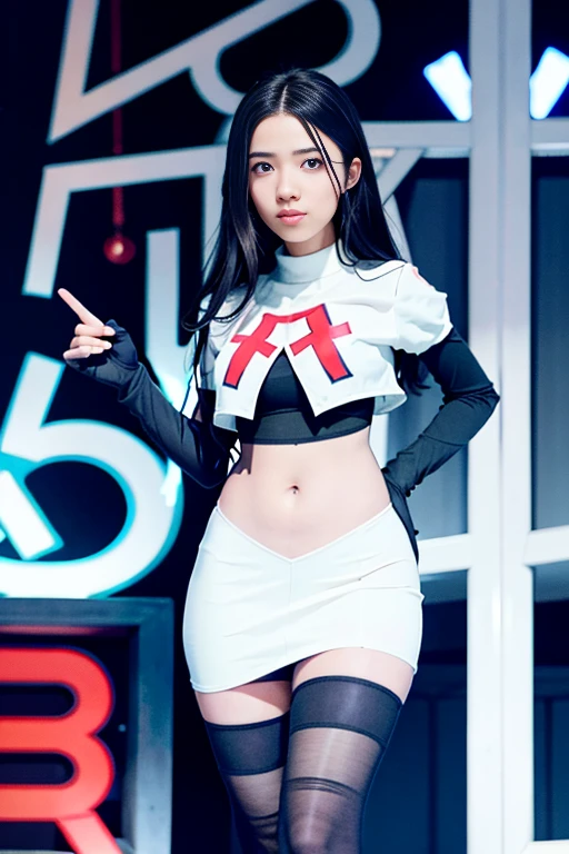 strawberrytabbyy, a woman wearing team rocket,team rocket uniform,white skirt,red letter R,crop top,black thigh-highs,black elbow gloves,