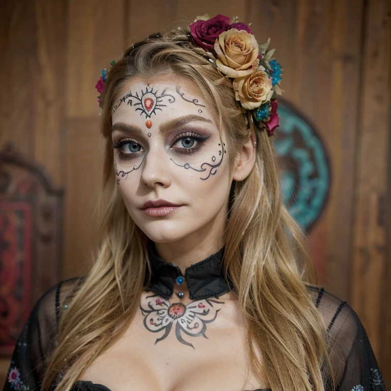 ((best quality)), ((masterpiece)), (detailed), blonde wavey hair, day of the dead costume, day of the dead makeup, dia de los muertos