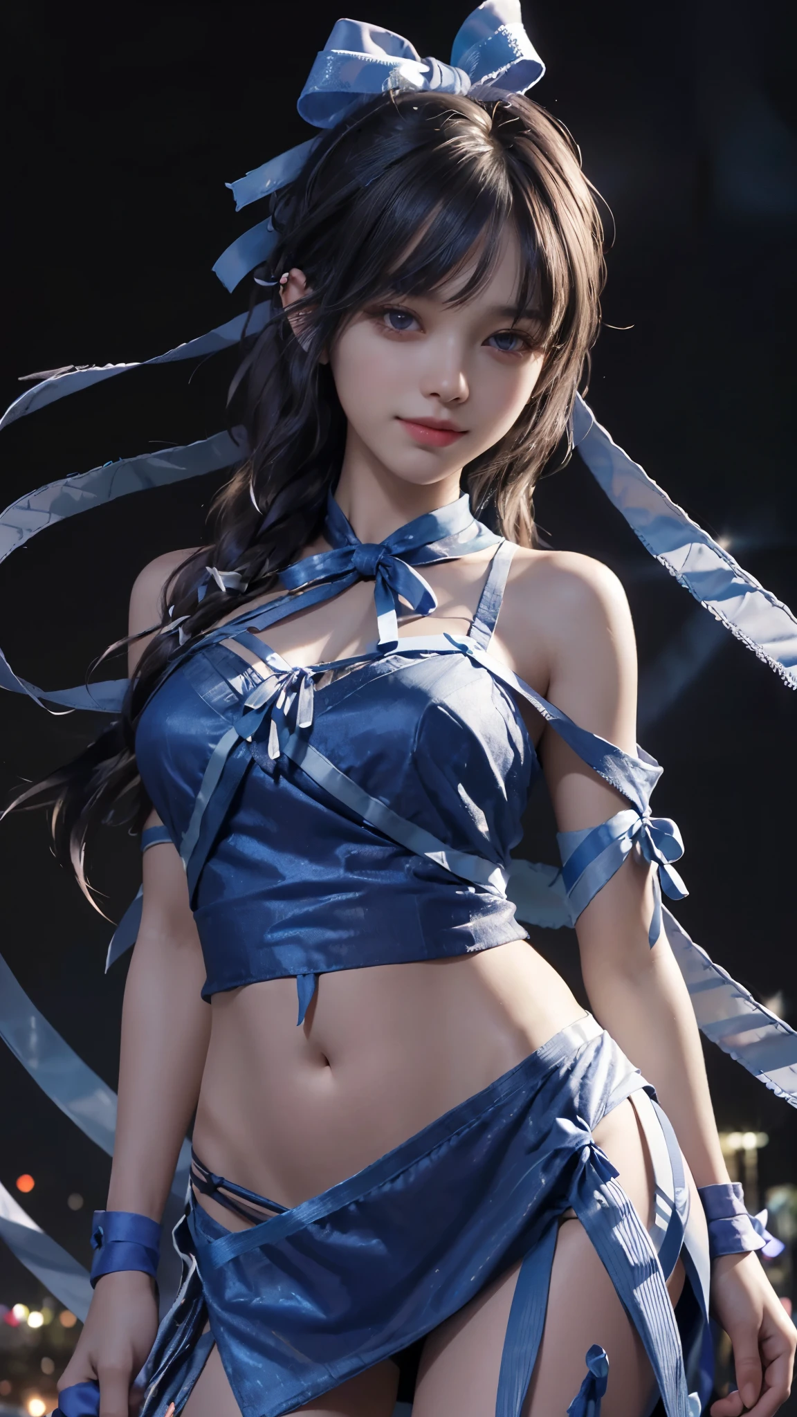 (ultra-realistic realism), (illustratio), (A high resolution), (8K), (The is very detailed), (Best Illustration), (Beautifully detailed eyes), (top-quality), (ultra - detailed), (tmasterpiece), (the wallpaper), (A detailed face), solo, 1 girl in, looking at viewert, finedetail, A detailed face, in the darkness nigth, deep shading, low tune, pureerosfaceace_V1, A smile, blue shawl ,straight hair, 46-point diagonal bangs, (Silk clothing, short clothing, strips), (strips:1.5), (strait ribbon:1.5), (cropped shoulders), The view of the night city,
