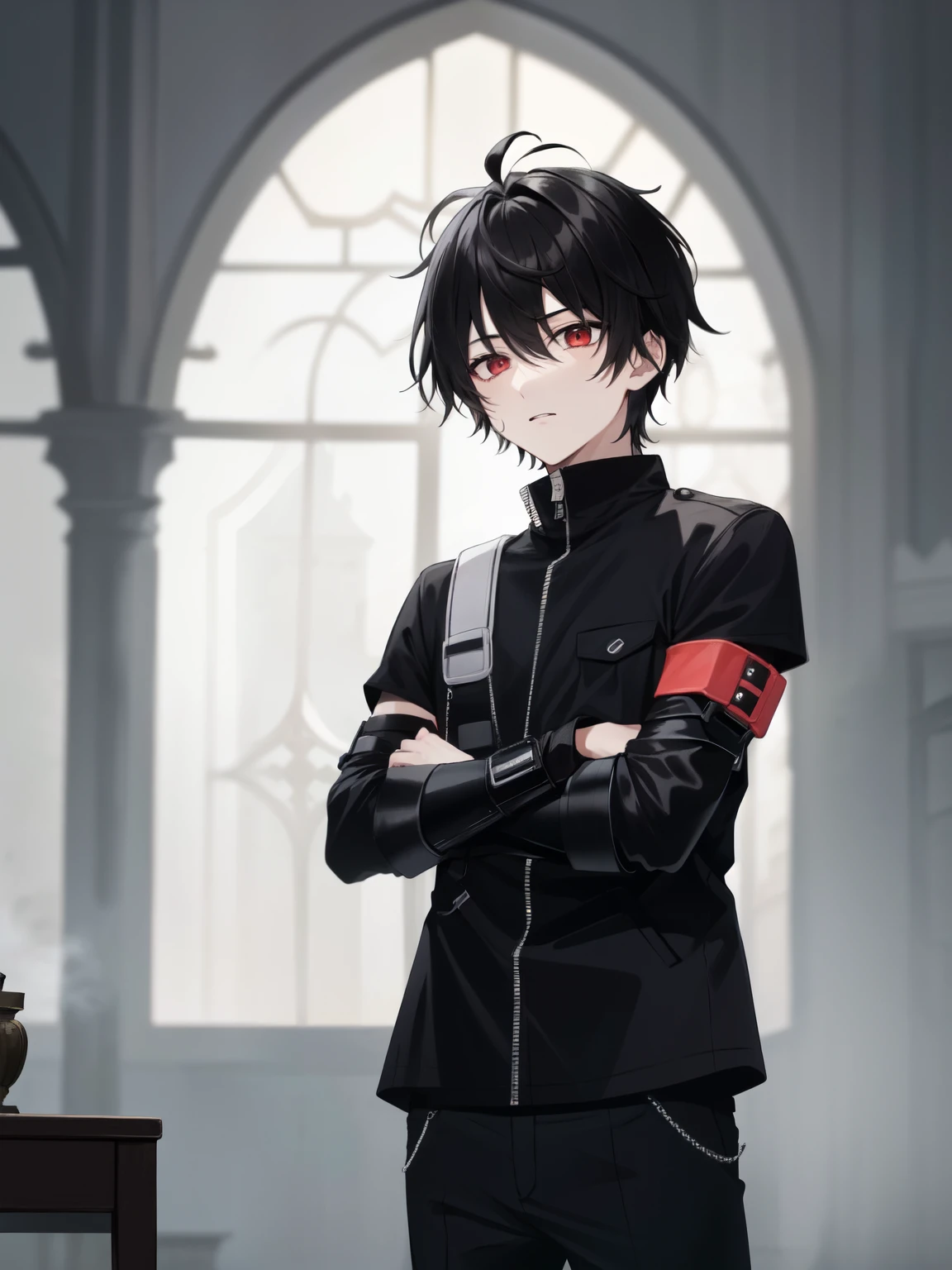 1boy, pale skin, red eyes, black hair, short hair, messy hair, black jacket, black shirt, dark brown pants, wrist guard, elbow guard, grey background, indoors, castle