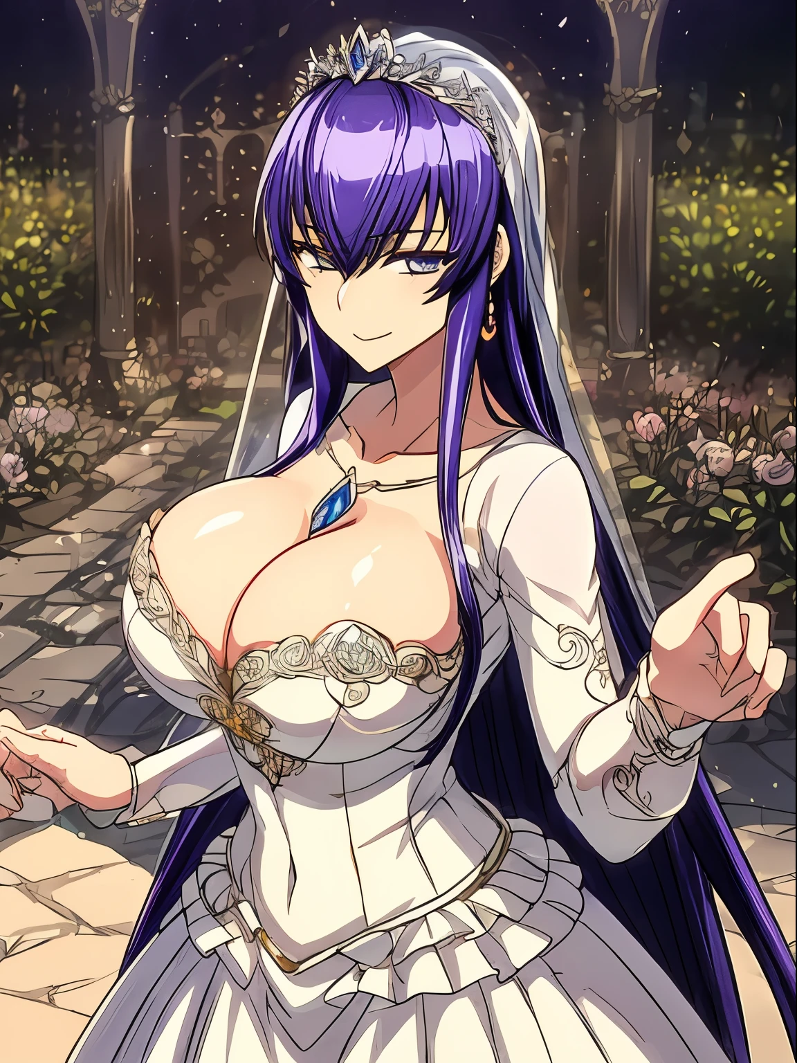 (masterpiece, best quality,anime art style:1.2),1girl, (solo), cute, kawaii,digital art,((1 princess wearing beautiful embroidery and jeweled gorgeous wedding dress with voluminous full length hoop skirt)),crinoline,((voluminous frills)),gorgeous embroidery and beautiful lace,(very gigantic ,cleavage,skindentation),((shiny hair,Bangs between eyes,voluminous straight hair,extremely Long straight Hair)),(finely detailed face and eye),smile,extremely gorgeousfull jeweled tiara,((bling-bling gorgeous gemstone jewelry)),long wedding veil,((standing in beautiful garden)),flowers,flower petals flowing,((beautiful embroidery and jeweled gorgeous wedding dress with voluminous full length hoop skirt))