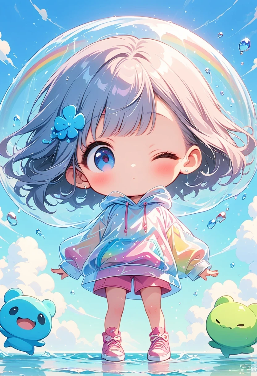 （Super cute Q version *********** Rem is standing in the rain wearing a transparent plastic hoodie：1.4）, Rainbow color illustration, magically glowing, Shiny and colorful, Hologram, Yumi, anime art wallpaper 8 k, Gurwitz-style artwork, Anime Art Wallpaper 4K, Anime Art Wallpaper 4K, beautiful anime artwork, Digital Animation Art, Gurwitz，（Full body female：1.5）