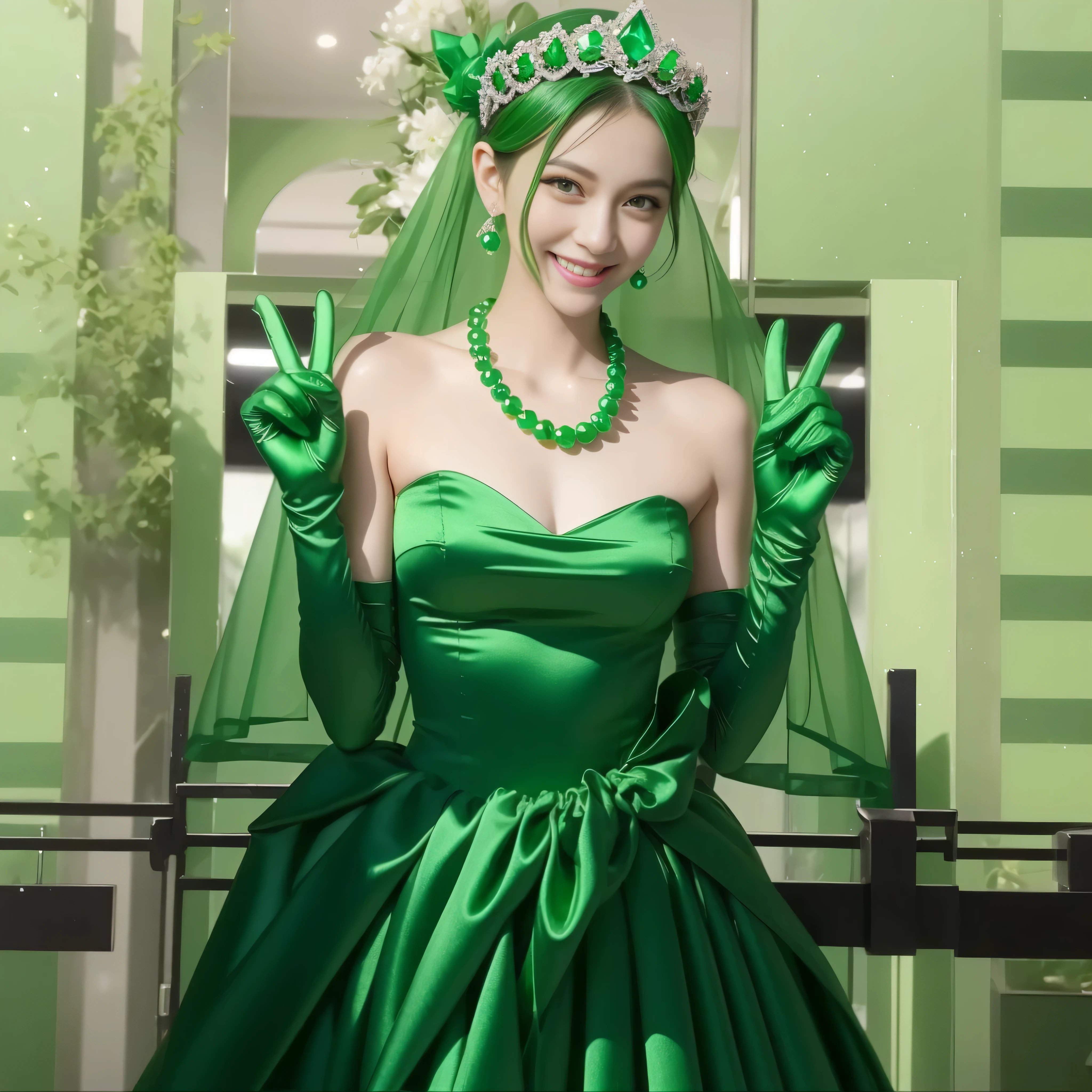 Emerald tiara, Green Pearl Necklace, Boyish very short green hair, lipstick, Smiling Japanese woman, Very short hair, Big and beautiful, Green Eyes, Long green satin gloves, Green Eyes, v sign, Emerald Earrings, Green veil