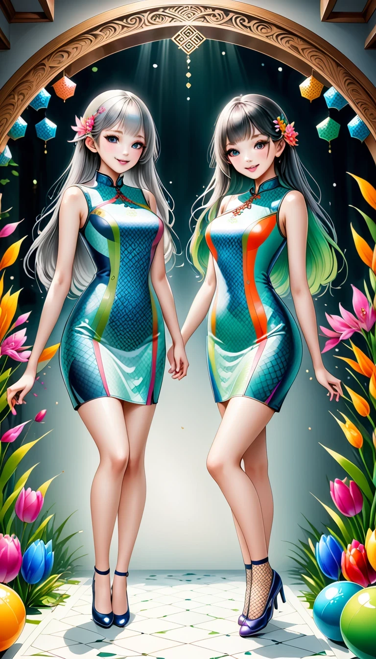 Seamless geometry，The art of stitching，Geometric puzzle style，2 cute girls, Elf ears，Shining eyes, 16 years old, happiness，Lovely smile， Colored undercoat, Gradient hair, Smooth lines, Clean silhouette,Standing， (Plump figure and slender legs:1.1), Go to shoes，geometric pattern cheongsam，There are colorful geometric shapes around，Vibrant colors，Eye-Catching Composition，abstract pattern，geometric symmetry，Shocking visual impact，Blank Background，Fishnet socks，Artistic Interpretation，Expressive brushstrokes，Translucent layer，Contrasting tones，Warm and cool light exposure，Ethereal and magical atmosphere，Enchanting scene
