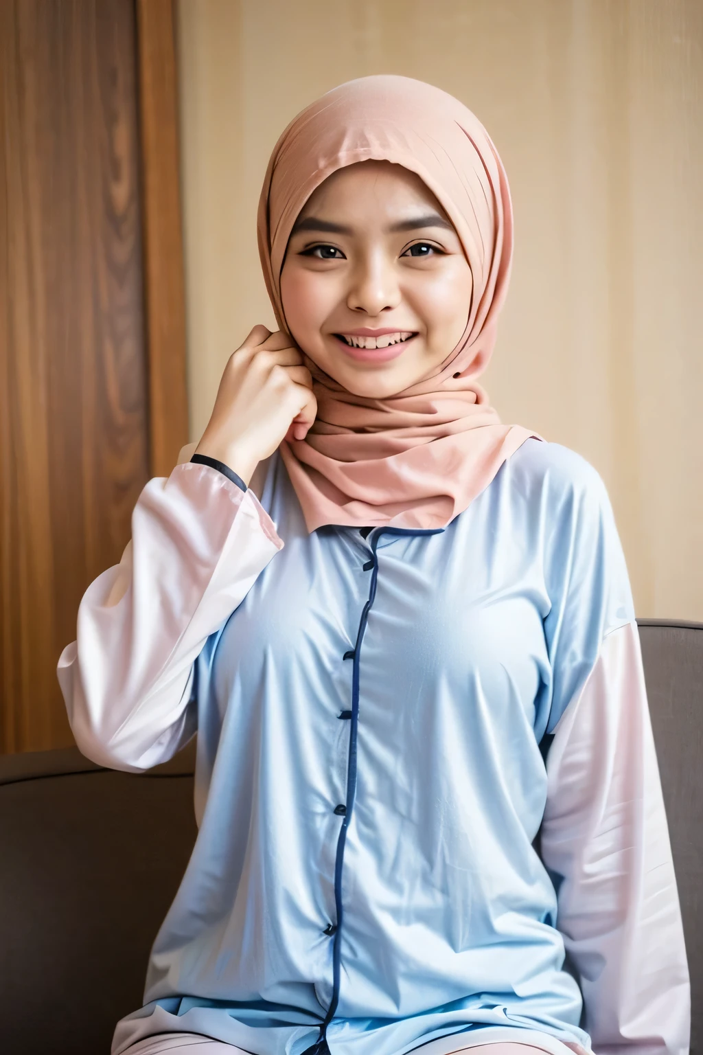 Malay girl in hijab wearing sexy pink color pajamas portrait photography, mid shot photo, ultra detail, professional photograph with professional lighting, smile, light blue studio background, sexy seducing pose, curvy