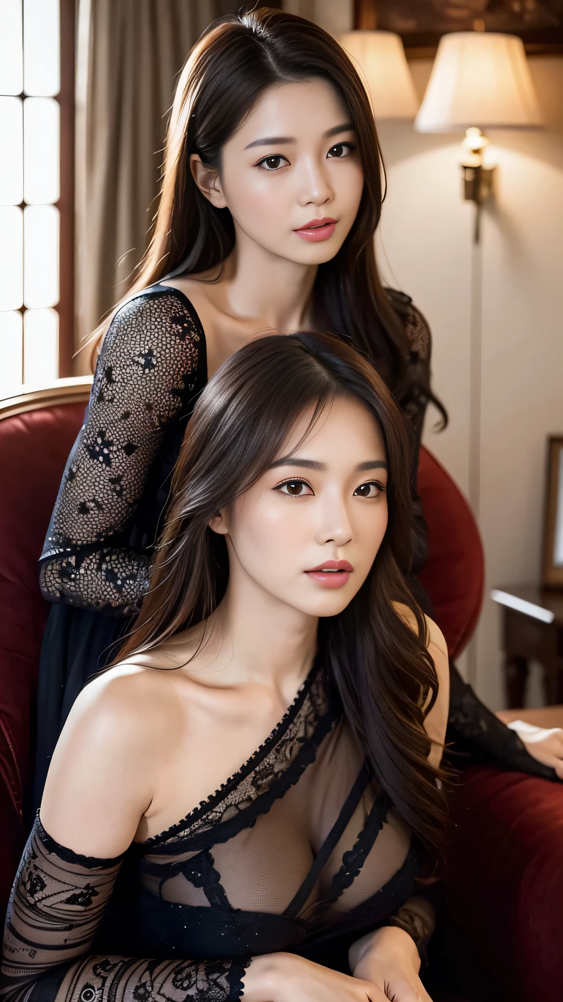 In the dimly lit indoor setting, an adult woman with dark brown hair cascading down to her shoulders and light brown eyes that sparkle with an enigmatic allure sits comfortably on a plush chair. The highest quality of this ultra-high definition image (1.4) showcases every intricate detail of her features, making her appearance all the more captivating.

Her face, around 40 years old, boasts elegantly lined features that add to her sophisticated beauty. The complex details of her face (1.2) are captured perfectly, highlighting the delicate structures of her nose, her plump, full lips, and her finely lined mouth. Her eyes, with detailed irises