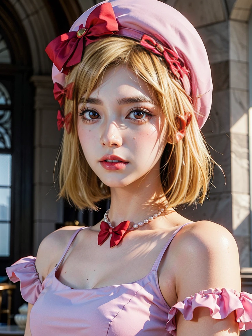 (1 lady), The beautiful, (Best quality at best:1.4), (ultra - detailed), (extremely detailed CG unified 16k), gold blonde hair, very detailed, High-definition RAW color photo, professional photoshooting, amazing face and eyes, cosmetics, (amazingly beautiful girl), ((lambdadelta, tall woman, taller)), ((dress, red bow, pink hat, necklace, gloves, pearl, pink dress)), standing, realistic cinematic face, photo portrait, upper body (shoulders to head), photorealistic, ((realistic natural blonde hair style, red eyes)), gorgeous, extremely beautiful face, perfect model beauty, pout mouth, flirting smile, cleavages, city girl, western, (masterpiece), best quality, high resolution, extremely detailed, blurred background, depth of field, cinematic lighting, clear and well-cared skin