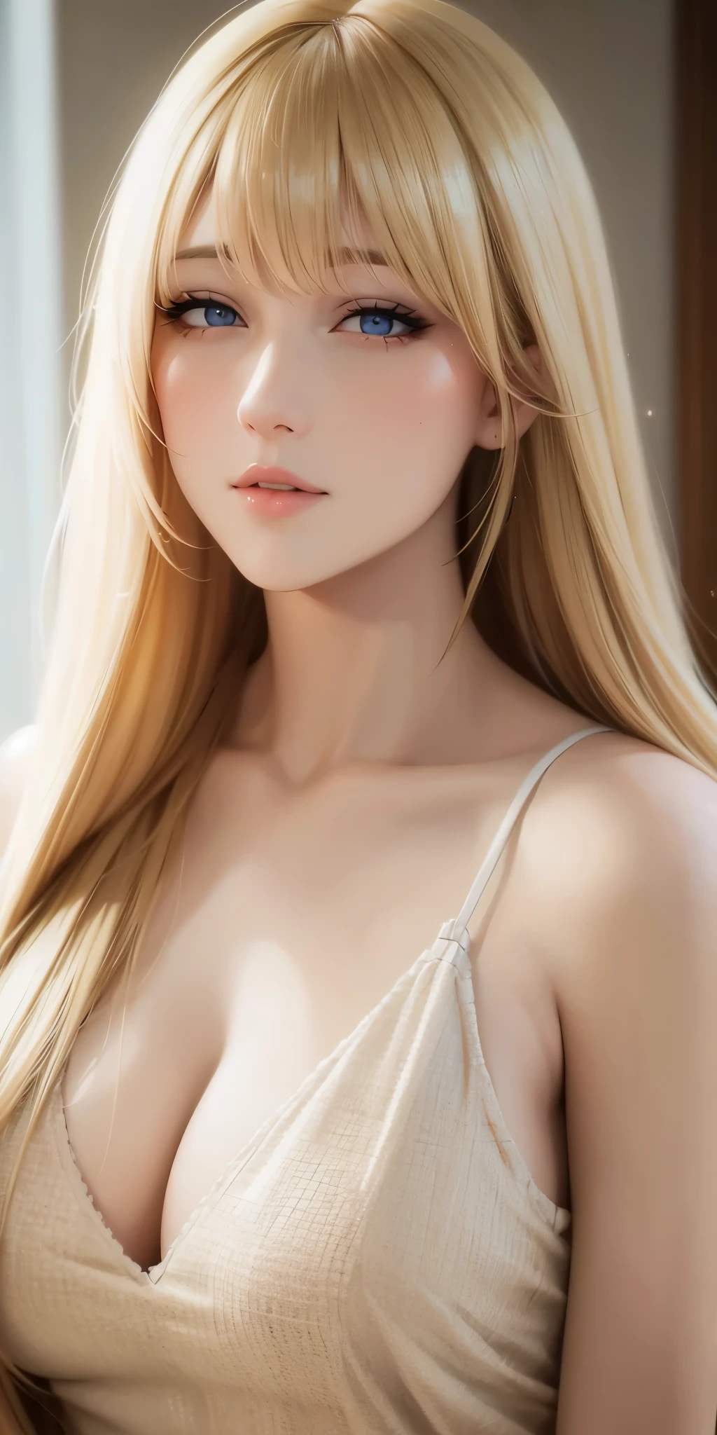 housewife adult woman, long neck, blonde hair, long hair, bangs, casual clothes, cleavage, soft light, high quality, 4k resolution