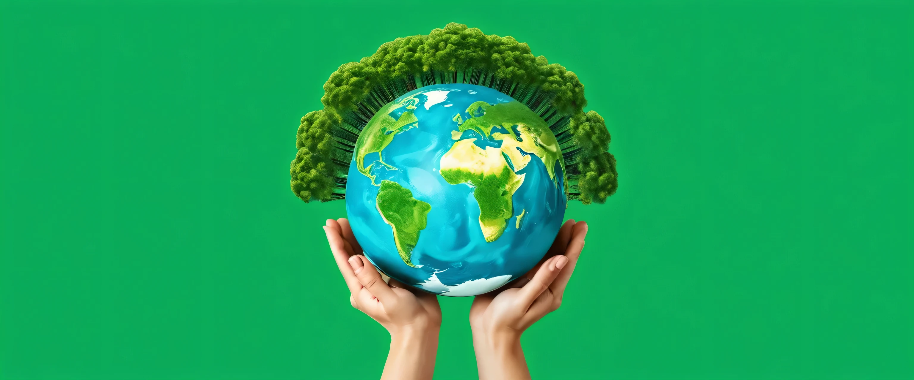 International Day of Forests concept: hands holding tree and earth globe over green. Generative Ai