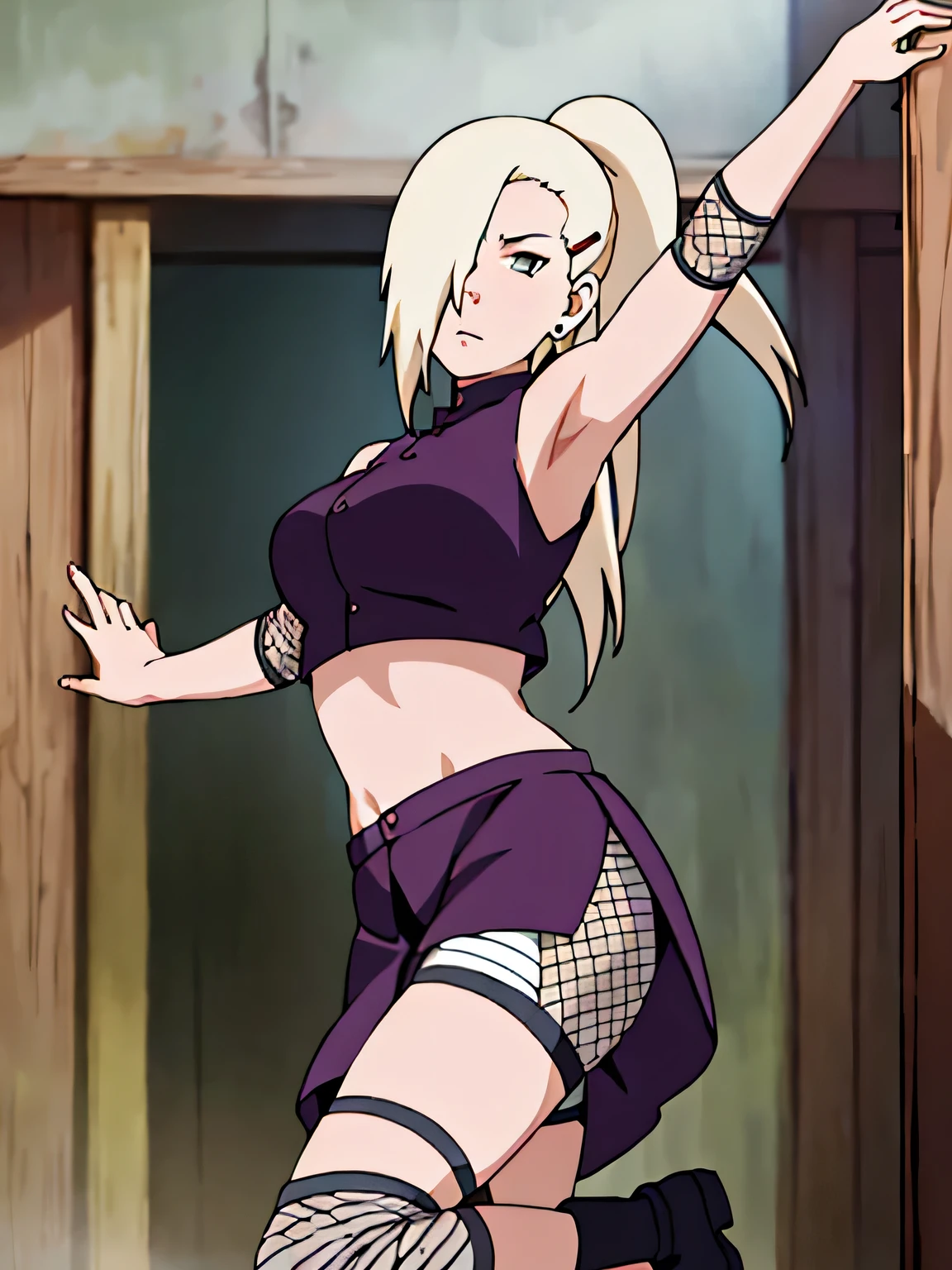Yamanaka Ino, hair on one eye, ponytail, Hair clips, purple crop top, voluptuous, skirt, fishnet, earring, Diaphragm, show legs, condescending, alone, 1 girl, Facing the front, Masterpiece, perfect face, jump, Raise your legs high., touch,straight legs,touch legs, Voluptuous eyes