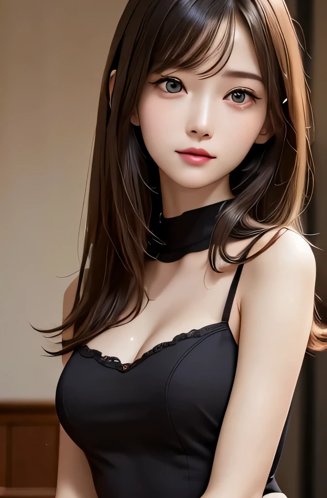 (((best quality))),1 female,Cool Beauty,slender face,thin eyebrows,Black Hair,Brown eyes,medium hair,straight hair,looking at viewer,bedroom,medium chest,20th Generation,No pubic hair,Height: 165cm,full body,Pink underwear,Cool Beauty,