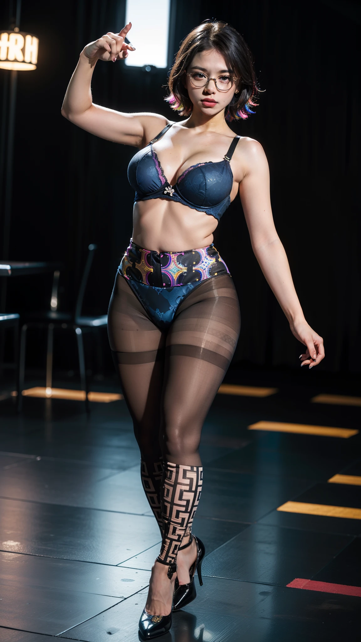 (full body:1.5)，(((only one girl)):1.4),(view the viewer:1.4)，((??????? correct):1.45),(((dancing in the night club, Perfectly integrated background))):1.3),(she wears large glasses and Holding bra & pantie in her hand:1.2),(shy:1.15)，((stocking set):1.2),(((((((patterns)))))) ,((thick pantyhose)):1.3),(high heels leather shoes:1.1)，((Long legs and large ?????):1.3),((((colorful))):1.4),(Accurate and perfect face:1.3),((black short hair):1.2)，hyper HD, Ray traching, reflective light， structurally correct, Award-Awarded, high detail, lighten shade contrast, Face lighting ，cinematic lighting, masterpiece, super detailing, high quality, high detail, best quality, 16k，High contrast,