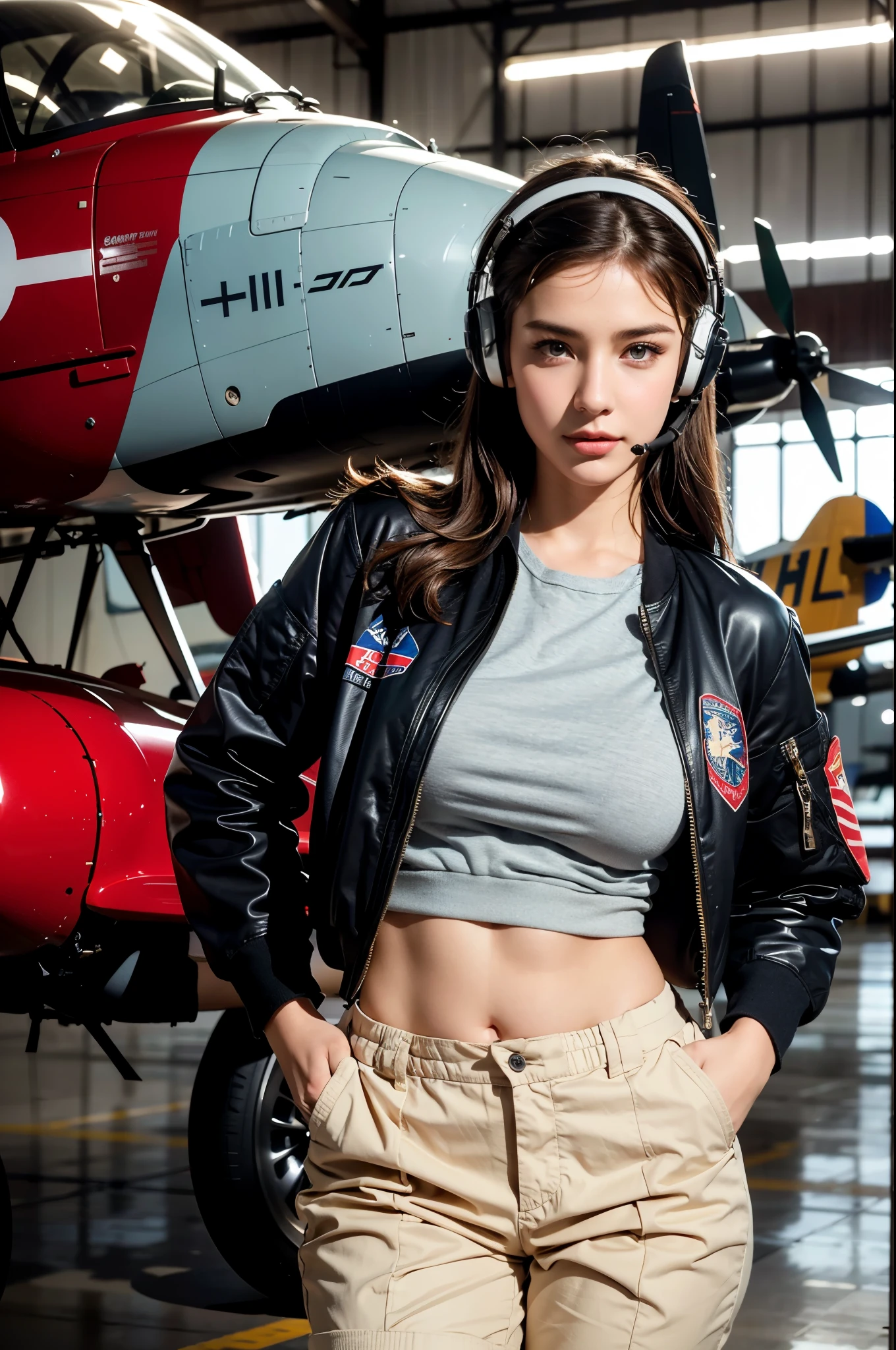Best quality, ((insanely Realistic RAW photo)), professional photograph, intricate composition, an extremely delicate and beautiful, ultra high res, professional lighting and shading, ((Realistic image of a extremely pretty female Aircraft mechanic, solo)), Inside a spacious Aircraft hangar, Vintage airplanes of the World War II era line the background, (Wearing a MA-1 Flight Jacket), (Wearing a headset), (wearing short pants), parted lips, She does aircraft maintenance, very professional mechanic, ((extremely beautifully detailed eyes and face)), ((insanely beautiful natural skin texture, Accurate eyes)), Accurate hands, Well-balanced overall body