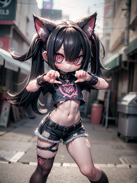 solo,1female\(cute,kawaii,,evil smile,floating hair,messy hair,(black hair:1.2),long hair,twin tails hair,pale skin,skin color blue,red eyes,eyes shining,big eyes,(ripped clothes:1.5),tight tube top,(breast:1.4),tight hot pants,(open stomach:1.4),(punk fashion:1.4),fluffy black cat-ear,(dynamic pose:1.7),(cute pose),open mouth,better hands,Perfect Hands\), BREAK ,background\(outside,noisy city,backstreet,narrow street,(dark:2.0),neon lights\),[chibi],[nsfw:2.0],quality\(8k,wallpaper of extremely detailed CG unit, ​masterpiece,hight resolution,top-quality,top-quality real texture skin,hyper realisitic,increase the resolution,RAW photos,best qualtiy,highly detailed,the wallpaper/),(close up:1.0),[nsfw:2.0],[nsfw:2.0],[nsfw:2.0],[nsfw:2.0],[nsfw:2.0]