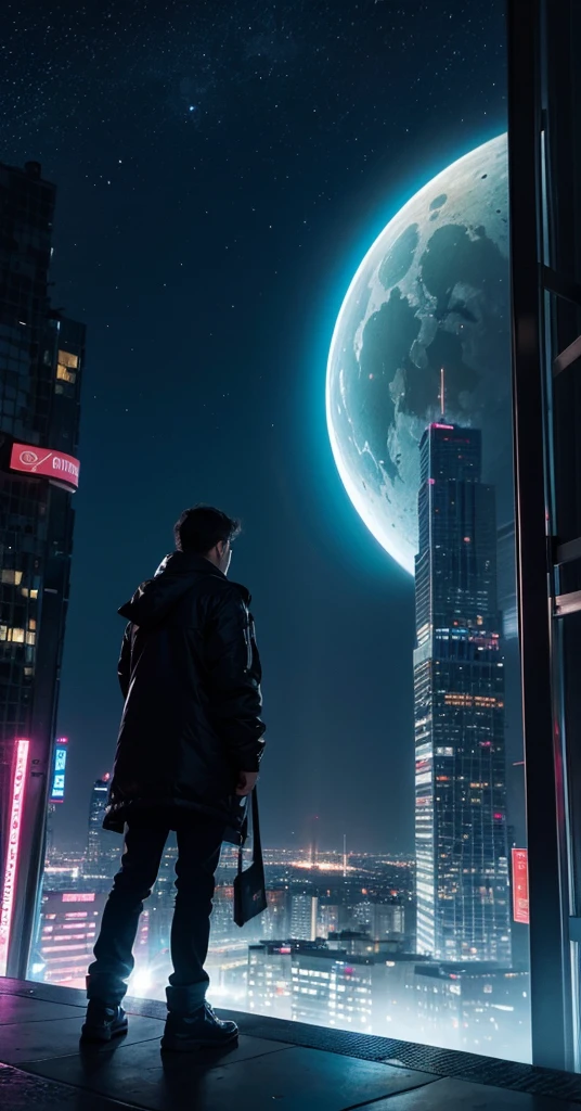 Imagina un mundo futurista en la noche, where neon lights and holograms paint the cityscape in bright, vibrant hues. En el centro de la imagen, hay un hombre solitario de pie en una plataforma elevada de espaldas, rodeado por rascacielos que se pierden en la oscuridad. La luna llena brilla intensamente en el cielo, bathing the scene with its silver light and creating long shadows on the ground. A pesar del bullicio y la actividad de la ciudad que nunca duerme, the man seems to be immersed in his own melancholy, with shoulders slumped and gaze lost in the distance, como si llevara el peso del mundo sobre sus espaldas.