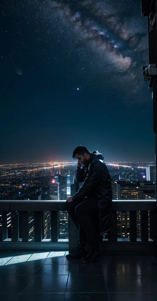 Imagina un mundo futurista en la noche, where neon lights and holograms paint the cityscape in bright, vibrant hues. En el centro de la imagen, hay un hombre solitario de pie en una plataforma elevada de espaldas, rodeado por rascacielos que se pierden en la oscuridad. La luna llena brilla intensamente en el cielo, bathing the scene with its silver light and creating long shadows on the ground. A pesar del bullicio y la actividad de la ciudad que nunca duerme, the man seems to be immersed in his own melancholy, with shoulders slumped and gaze lost in the distance, como si llevara el peso del mundo sobre sus espaldas.