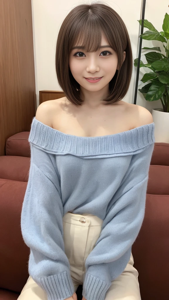 masutepiece, Best Quality, Illustration, Ultra-detailed, finely detail, hight resolution, 8K Wallpaper, Perfect dynamic composition、Mature woman 27 years old cute girl、Sweet girl、hposing Gravure Idol、A detailed face、Super detailed cute eyes、Realistic lips、Realistic and clean skin、Smile of embarrassment、Wavy brown short-cut hair、tiny chest、Bold sexy poses、Sweater with one shoulder exposed、