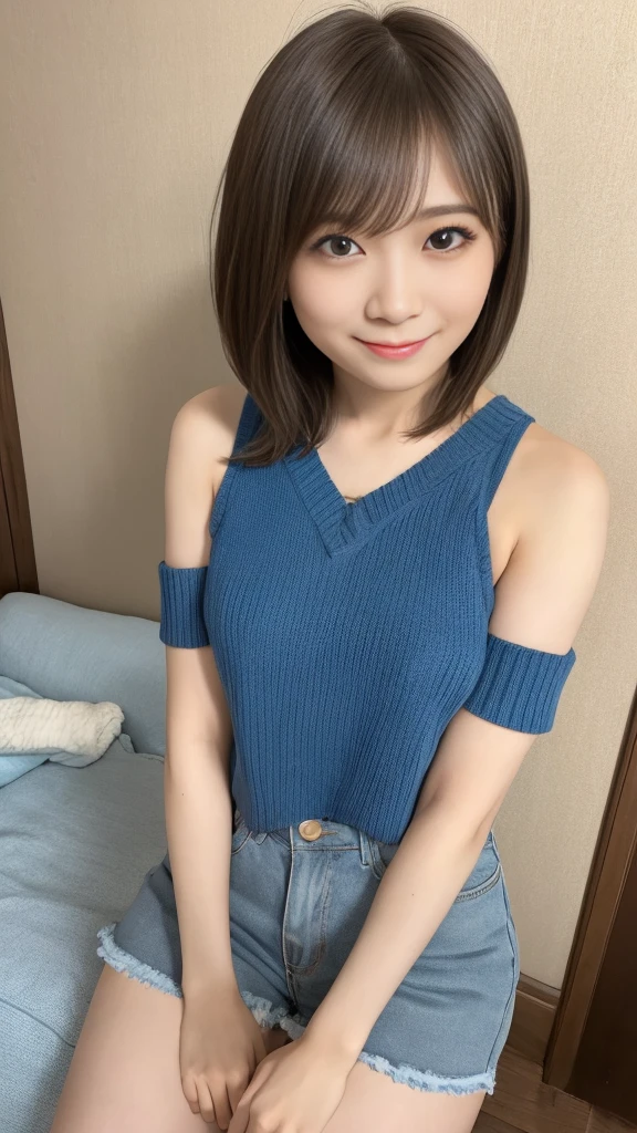 masutepiece, Best Quality, Illustration, Ultra-detailed, finely detail, hight resolution, 8K Wallpaper, Perfect dynamic composition、Mature woman 27 years old cute girl、Sweet girl、hposing Gravure Idol、A detailed face、Super detailed cute eyes、Realistic lips、Realistic and clean skin、Smile of embarrassment、Wavy brown short-cut hair、tiny chest、Bold sexy poses、Sweater with one shoulder exposed、