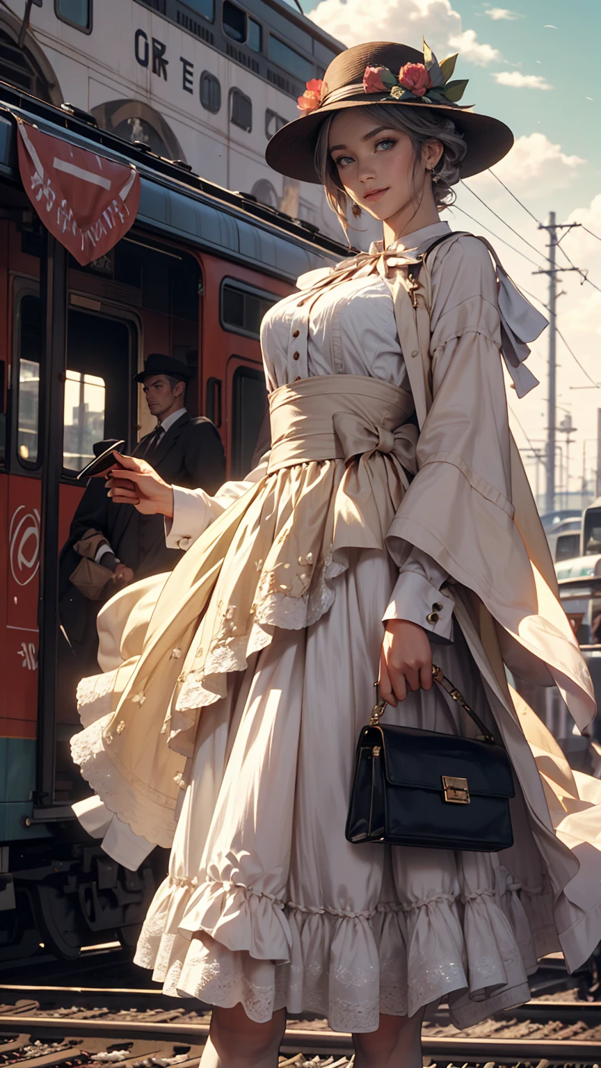 Claude Monet、Sun=Lazare Station:Train Arrival、1877、Lady's high waist skirt、White woman in vest and high-neck ribbon blouse、Silver Hair、blue eyes、Wavy hair、Smile