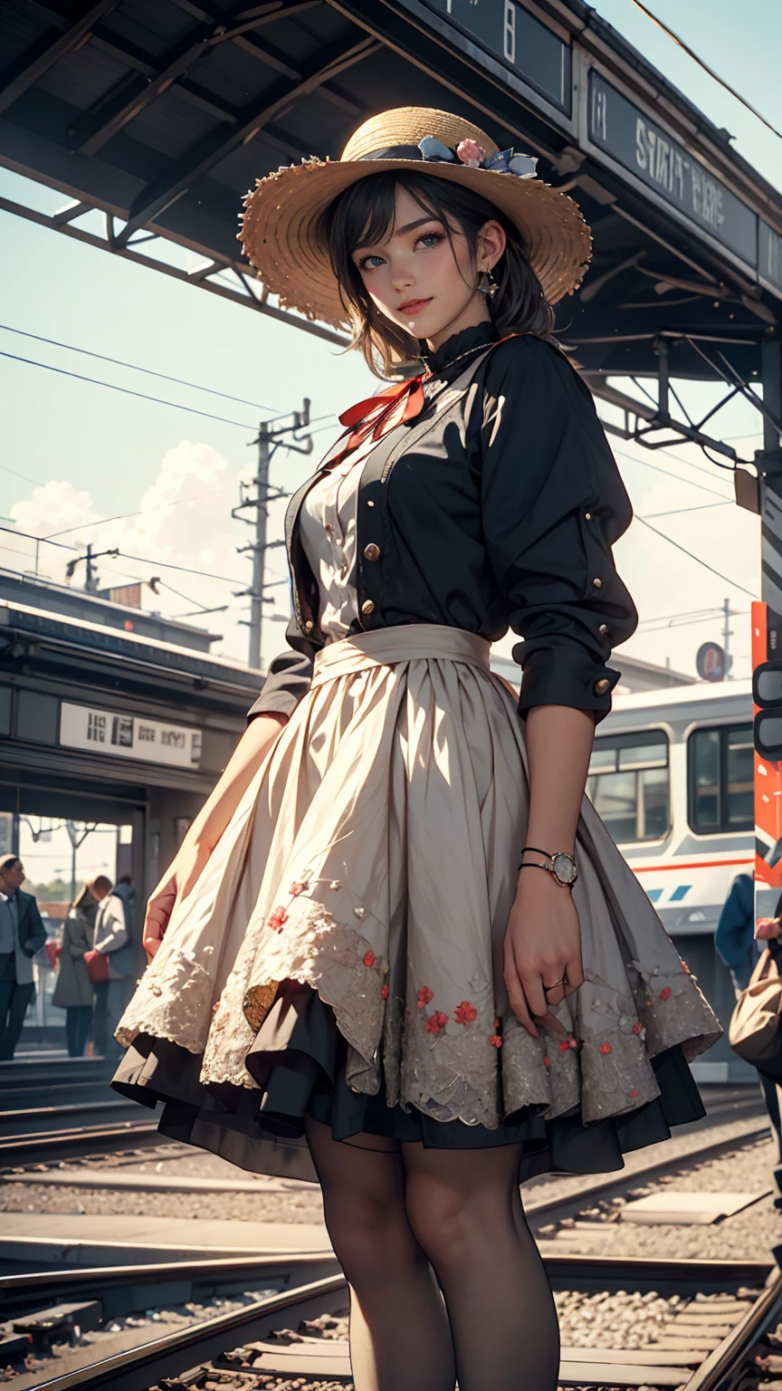 Claude Monet、Sun＝Lazare Station：Train Arrival、1877、Lady&#39;s high waist skirt、White woman in vest and high-neck ribbon blouse、Silver Hair、blue eyes、Wavy hair、Smile