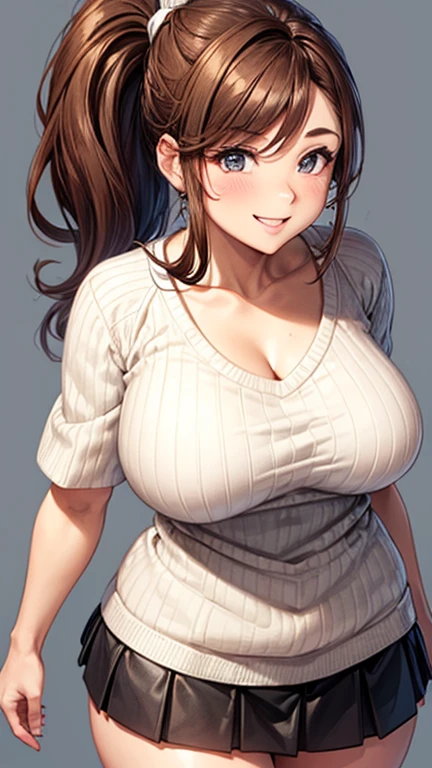 1 female,30 years old,brown hair,beautiful low ponytail hairstyle, (miniskirt and large white v-neck sweater, (double huge breasted:1.80,under bust:1), short sleeve, natural smile,,(slouch)