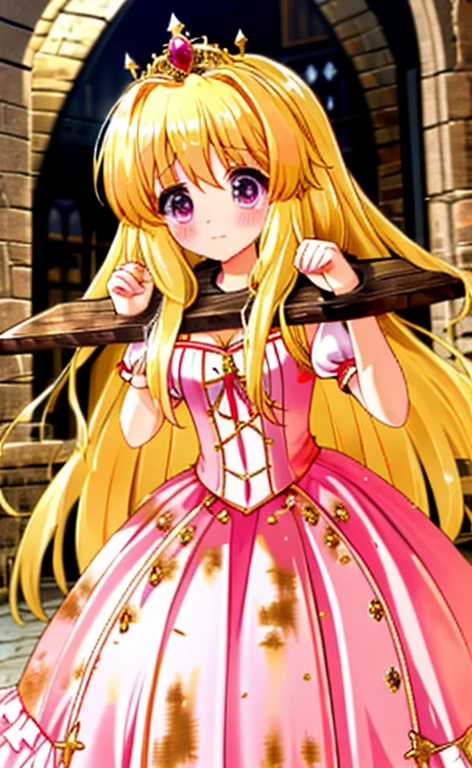 Gold Tiara A princess in a frilly pink dress Beautiful long blonde hair Embarrassing Tears overflow from my eyes pillory dirty walking in the crowd Medieval town