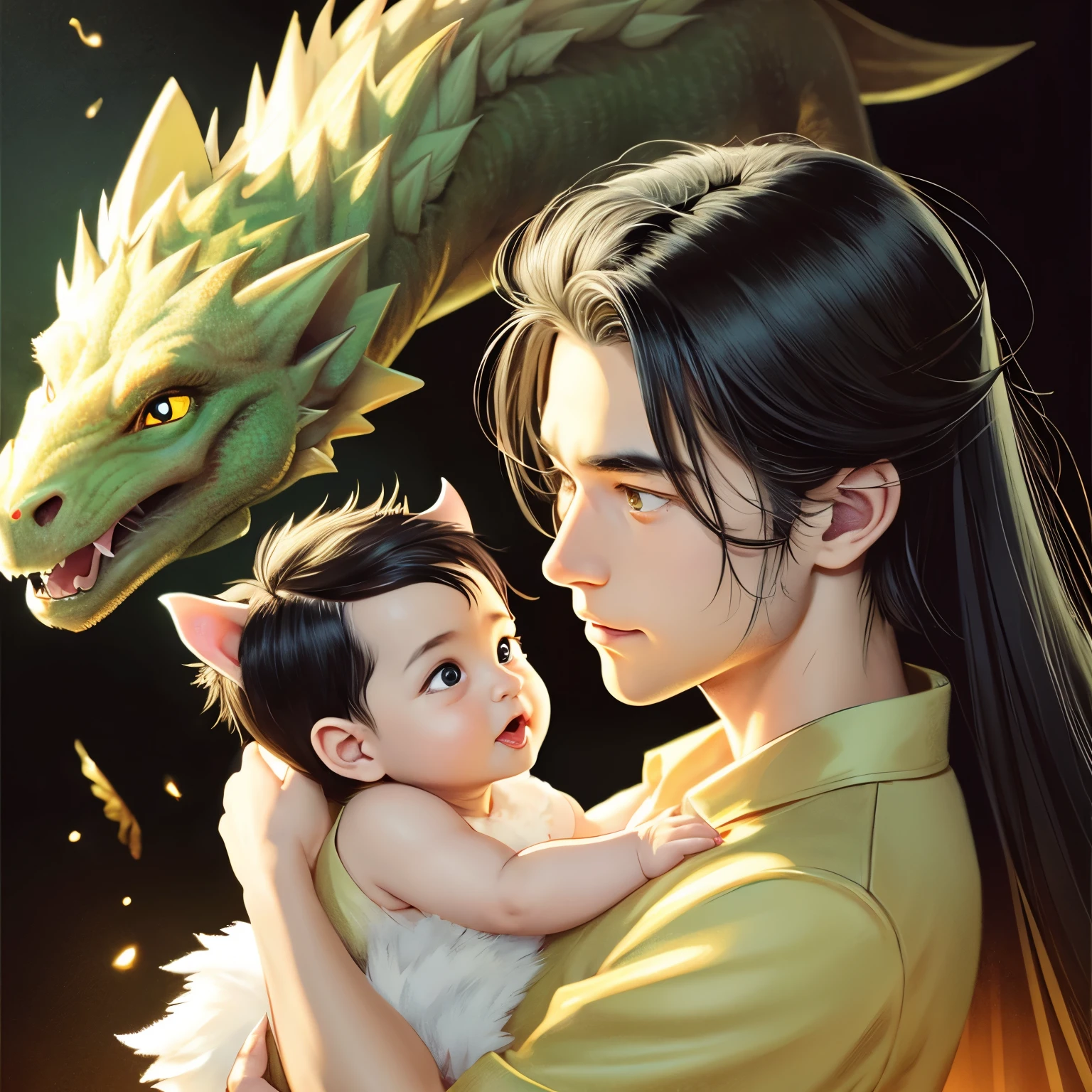 An illustration、A baby dragon with a silvery, fluffy body and golden eyes、An 18-year-old man with black hair and black eyes is holding her.