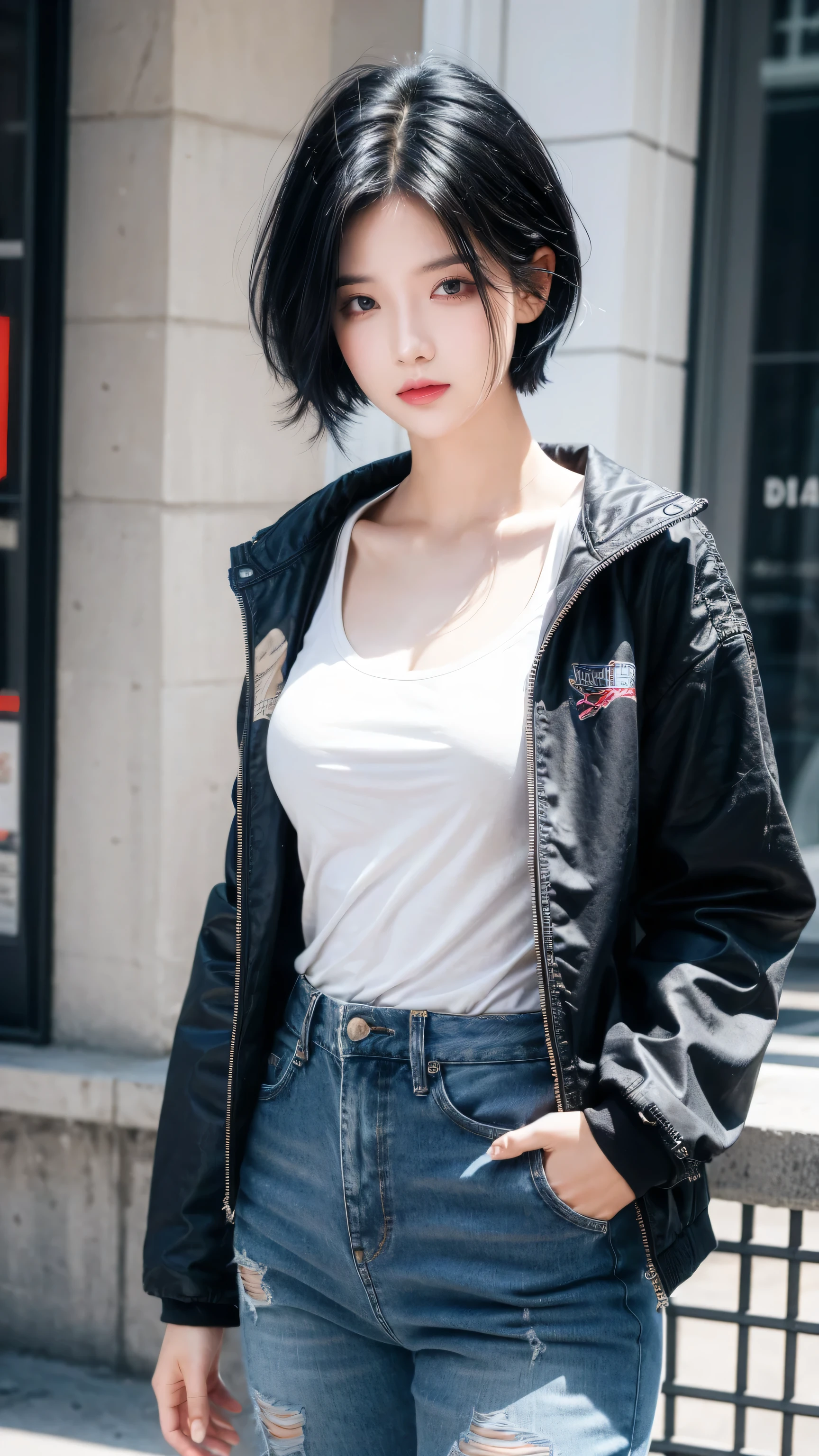 (Raw photography:1.2)、(Photorealsitic:1.4)、(​masterpiece:1.3)、(top-quality:1.4)、超A high resolution、(A detailed eye)、(detailed facial features)、(detailed clothes features)、8K分辨率、solofocus、bangss、skin tightening、(shinny skin)、(Slender girl)、(Straightening of the back)、(a japanese girl)、(Japan Faces)、((short-hair))、1 girl in、Slim Beauty:1.3、brown haired、Delicate hair、(huge tit:1.2)、new york streets、Detailed street fashion、hotpants、square glasses、Looking at the camera