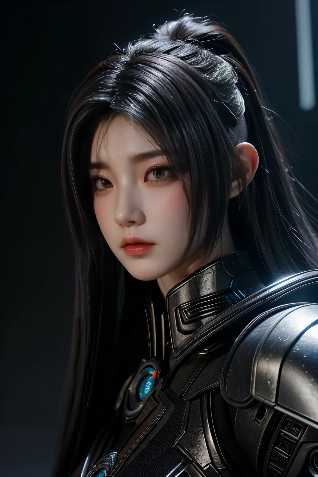 Masterpiece,Game art,The best picture quality,Highest resolution,8K,(Portrait),Unreal Engine 5 rendering works,(Digital Photography),((Portrait Feature:1.5)),
20 year old girl,Short hair details,With long bangs,(The red eye makeup is very meticulous),(With long gray hair:1.4),(Large, full breasts),Elegant and noble,Brave and charming,
(Future armor combined with the characteristics of ancient Chinese armor,Hollow design,Power Armor,The mysterious Eastern runes,A delicate dress pattern,A flash of magic),Warrior of the future,Cyberpunk figures,Background of war,
Movie lights，Ray tracing，Game CG，((3D Unreal Engine))，OC rendering reflection pattern