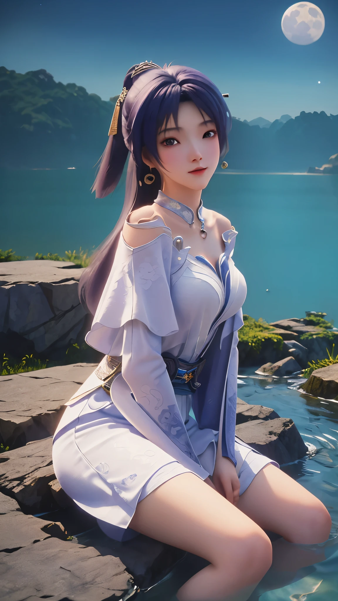 Anime girl wearing white dress sitting on rock in water, Popular on cgstation, Moon themed clothing, Keqing from genshin impact, Japanese Goddess, Zhongli in Genshin, chengwei pan on artstation, author：Cold plum, 3D Rendering Character Art 8k, Smooth anime CG art, WLOP 和 Sakimichan