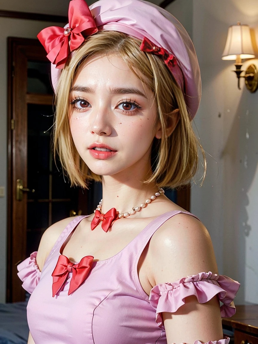 (1 lady), The beautiful, (Best quality at best:1.4), (ultra - detailed), (extremely detailed CG unified 16k), orange redhair, very detailed, High-definition RAW color photo, professional photoshooting, amazing face and eyes, cosmetics, (amazingly beautiful girl), ((lambdadelta, tall woman, taller)), ((dress, red bow, pink hat, necklace, gloves, pearl, pink dress)), standing, realistic cinematic face, photo portrait, upper body (shoulders to head), photorealistic, ((realistic natural orange redhair style, red eyes)), gorgeous, extremely beautiful face, perfect model beauty, pout mouth, flirting smile, cleavages, city girl, western, (masterpiece), best quality, high resolution, extremely detailed, blurred background, depth of field, cinematic lighting, clear and well-cared skin