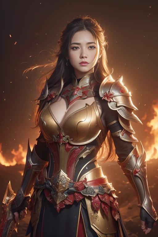 (((Realistic, CG masterpiece, best quality RAW  photography, crisp detail, high definition, high detail, sharp focus, perfect studio lightning))),  girl wearing heavy golden armor, chinese style armor, full body armor, full decorated armor, damaged armor, long straight hair, big breasts, ample cleavage, sweating, bloodstained face, carnage, swinging long blood scattered sword against cursed warriors, an epic war, fire everywhere, smoke everywhere, blood everywhere, messy battle background