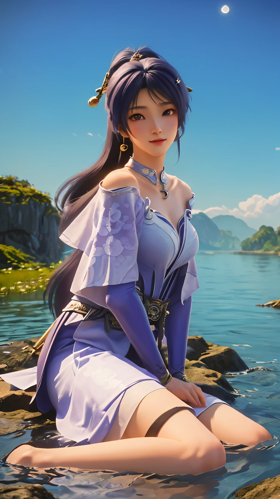 Anime girl wearing white dress sitting on rock in water, Popular on cgstation, Moon themed clothing, Keqing from genshin impact, Japanese Goddess, Zhongli in Genshin, chengwei pan on artstation, author：Cold plum, 3D Rendering Character Art 8k, Smooth anime CG art, WLOP 和 Sakimichan