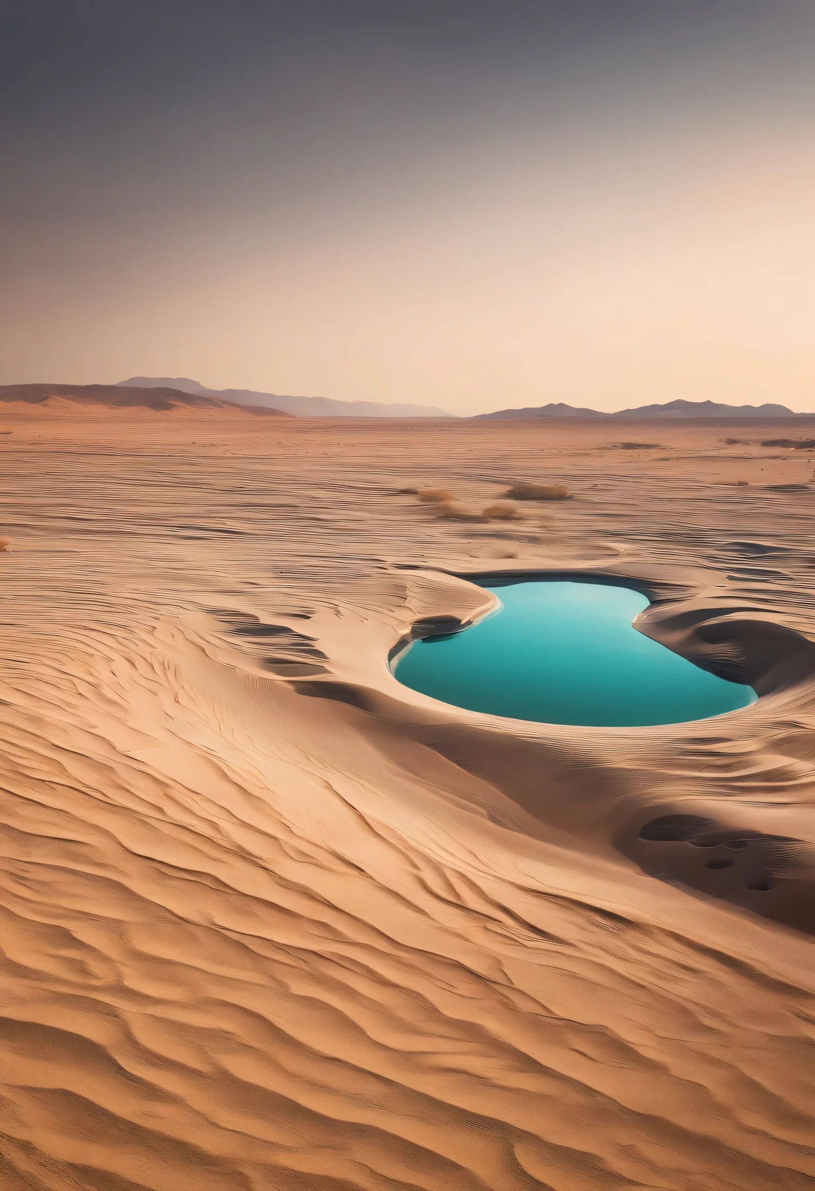 A magnificent natural pool of fresh water connected to a tributary in the middle of the desert, Sand Dunes, deep, dry, sunny day, sunny, detailed, Realistic, Vantage point outside the frame, Jane and Han, High resolution, 4K, repeat, Pathological, Crazy, darkness, Spooky, Fused, Blurred Background, Poor quality, Uneven, Off-center