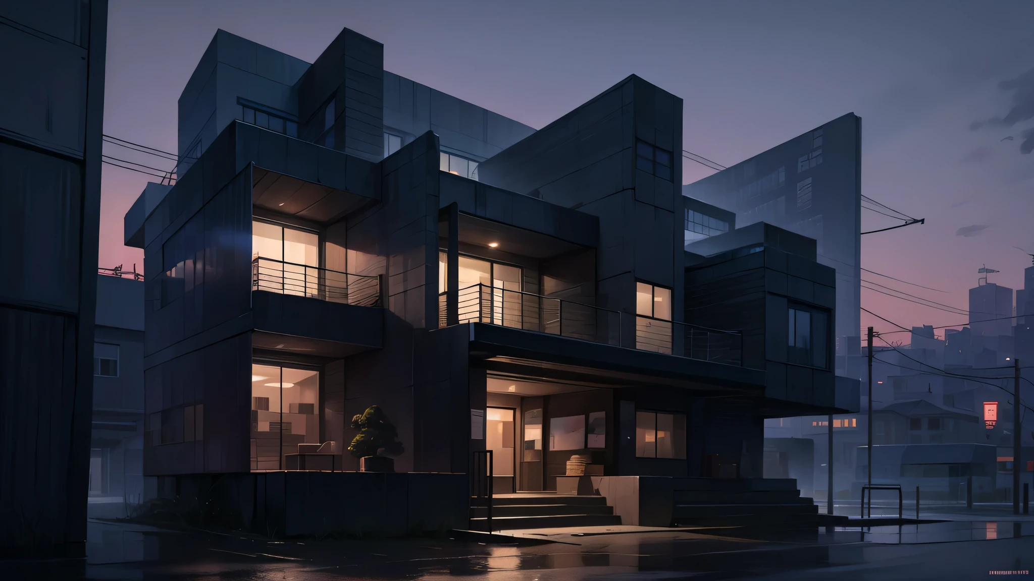 Modern Architecture，Front view，dusk，