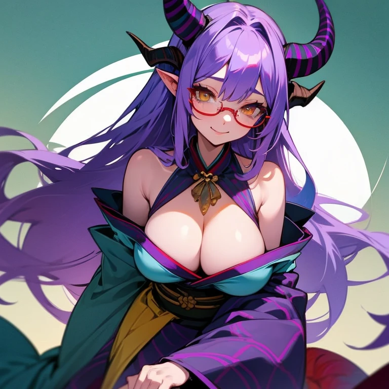 Masterpiece, best quality, expressive eyes, perfect face, 1girl, breasts, horns, solo, monster girl, purple hair, large breasts, glasses, long hair, yellow eyes, cleavage, smile, bare shoulders, looking at viewer, head fins, japanese clothes, teal kimono, lamia, red stripes, 