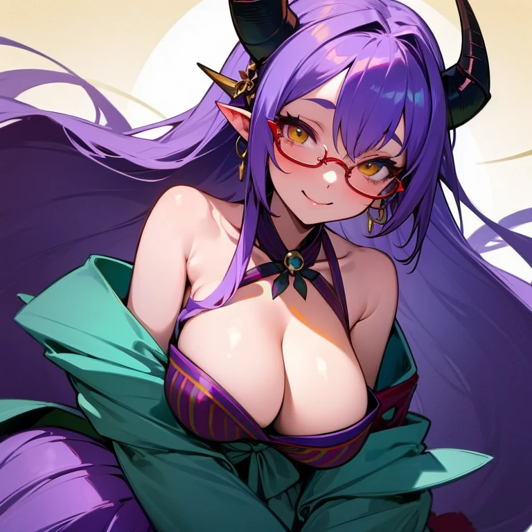 Masterpiece, best quality, expressive eyes, perfect face, 1girl, breasts, horns, solo, monster girl, purple hair, large breasts, glasses, long hair, yellow eyes, cleavage, smile, bare shoulders, looking at viewer, head fins, japanese clothes, teal kimono, lamia, red stripes,