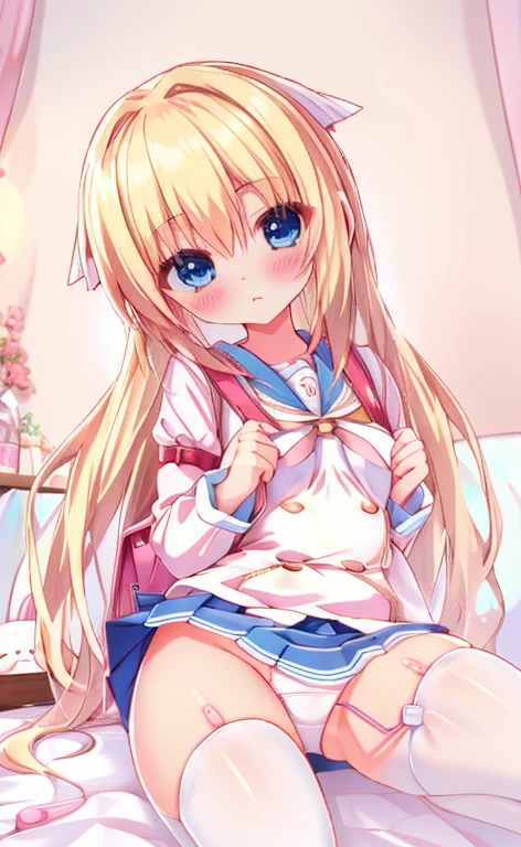 Beautiful long blonde hair Shyness blue eyes Watery eye White panties Girl in a sailor suit Pleated skirt mini skirt vibrator in thighhighs thighvibe Hold your crotch with both hands carrying randoseru backpack Small breasts In the crowd